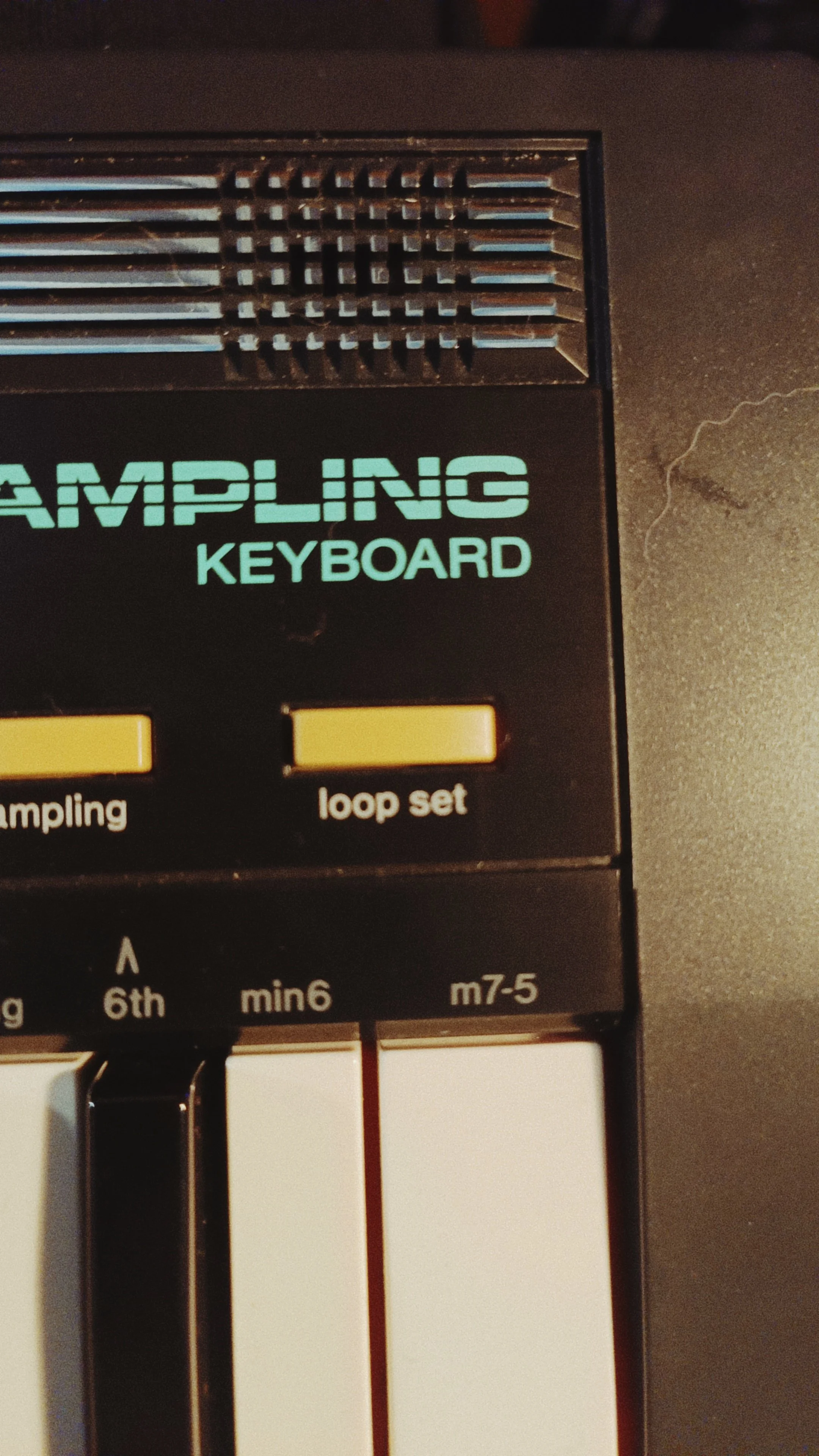 Close-up of a vintage synthesizer keyboard with the label 'AMPLING KEYBOARD' and yellow control buttons for 'amplifying' and 'loop set'.
