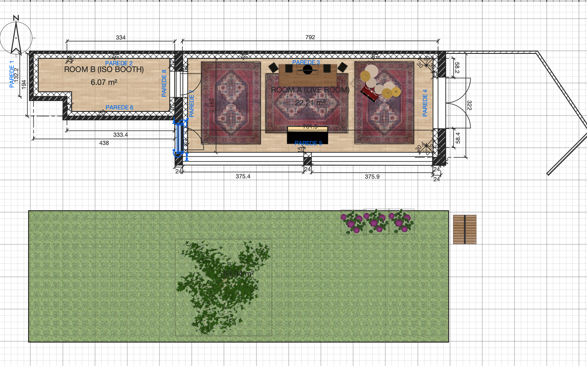 Architectural floor plan showing room layouts, dimensions, and labeling for a house. Contains bedrooms, living room, interior walls, doors, windows, outdoor garden, trees, and paved areas.