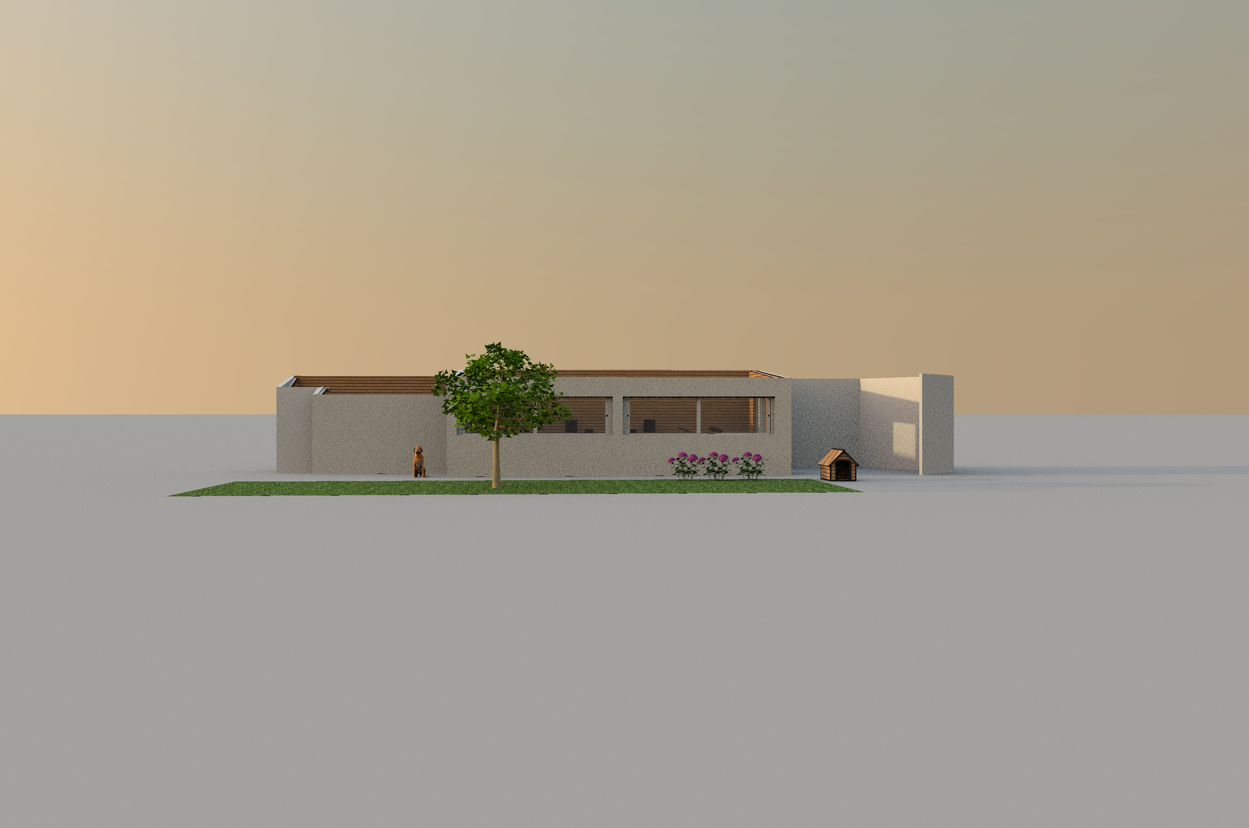 A modern house with large windows, a tree in front, and a small dog house to the right, set against a gradient sky background.