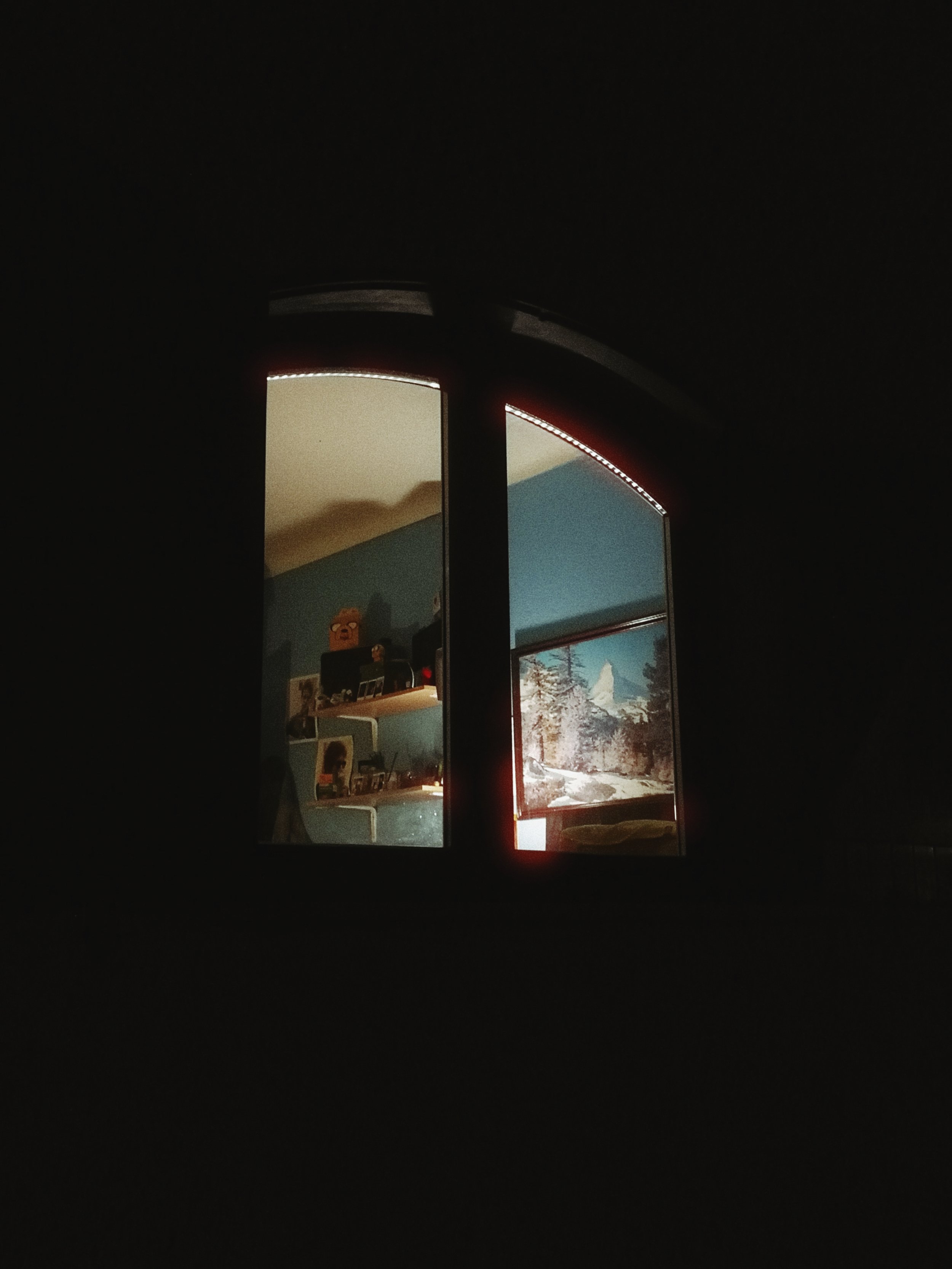 A partially open door revealing a room with a mountain landscape mural, shelves with figurines, and winter scenery outside the window.