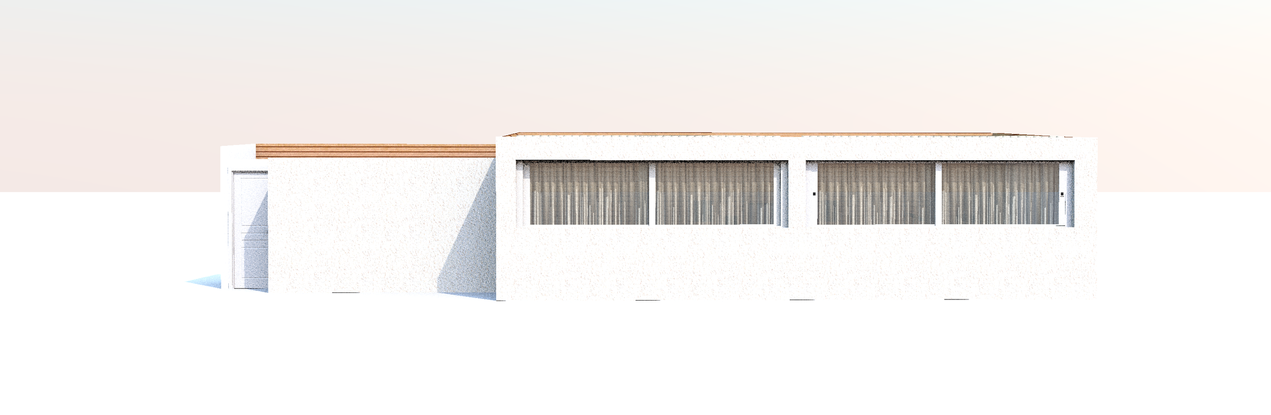 Minimalist modern building with large front windows, white exterior walls, and a flat roof with wooden accents.