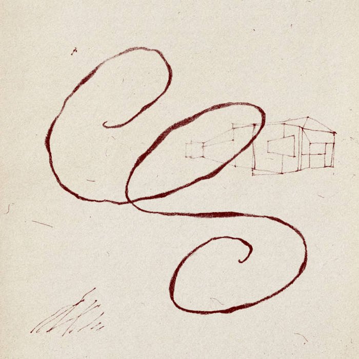 A sketch of a large abstract shape with a small detailed geometric cube structure nearby.