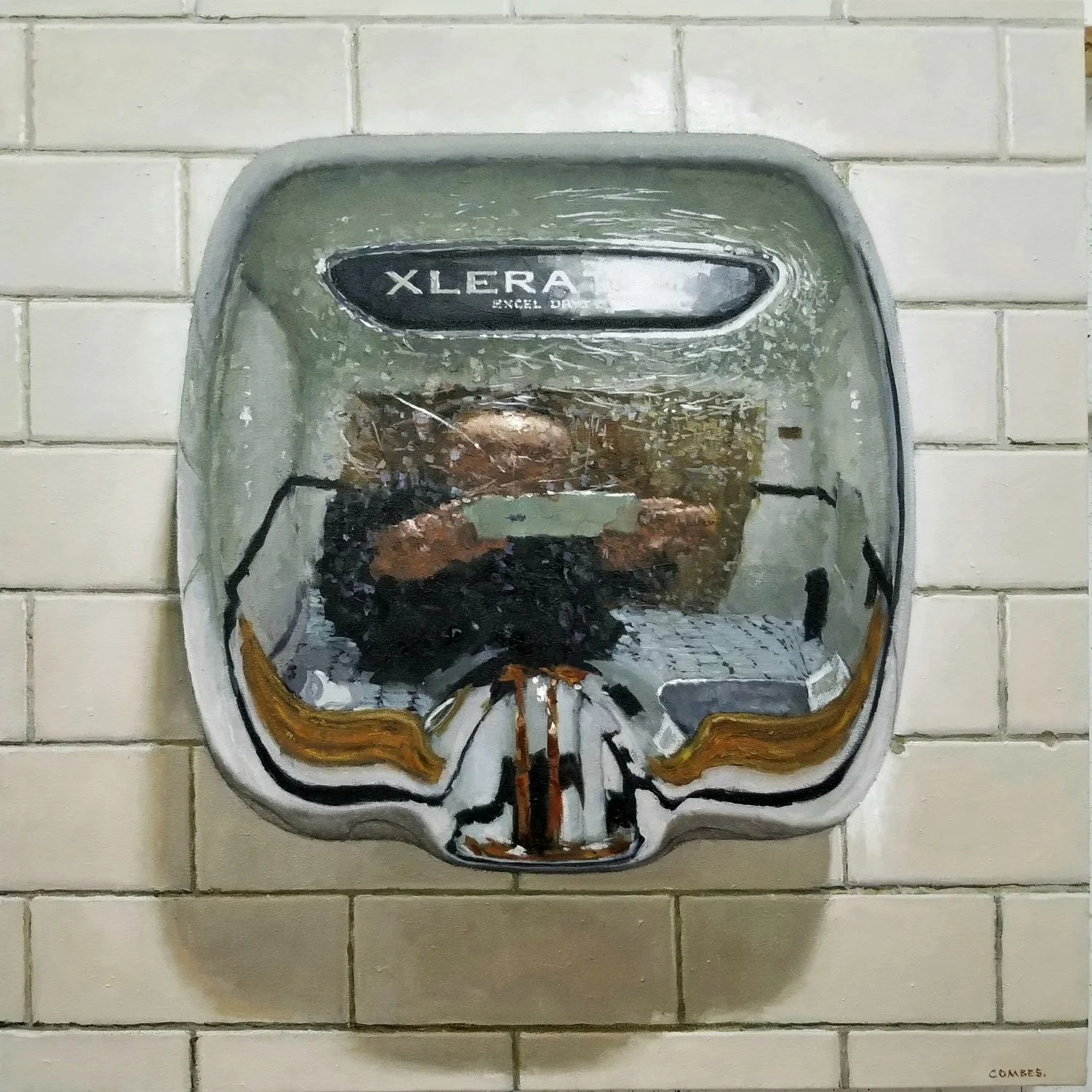   Selfie in Hand Dryer  , Oil on Canvas,  2025 , 30 x 30 in. 