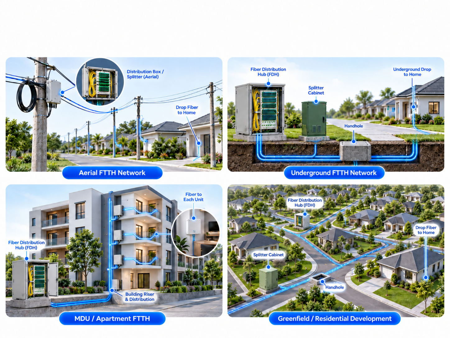 Fiber optic infrastructure deployment scenarios showing aerial FTTH, underground fiber networks, apartment building fiber distribution, and residential development connectivity for broadband networks in Belize, Central America, and the Caribbean.