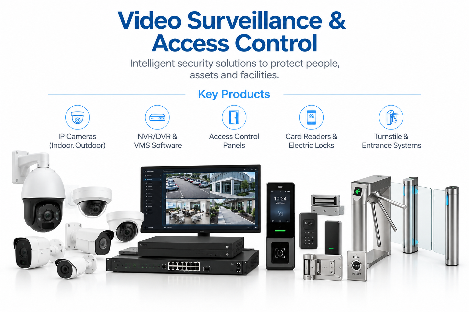 Video surveillance and access control solutions including indoor and outdoor IP cameras, NVR and DVR systems, VMS software, access control panels, card readers, electric locks, and entrance systems.