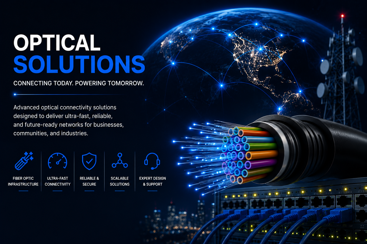 Fiber optic telecommunications infrastructure connecting businesses, internet service providers, and organizations with high-performance networking solutions supplied by Intense Belize.
