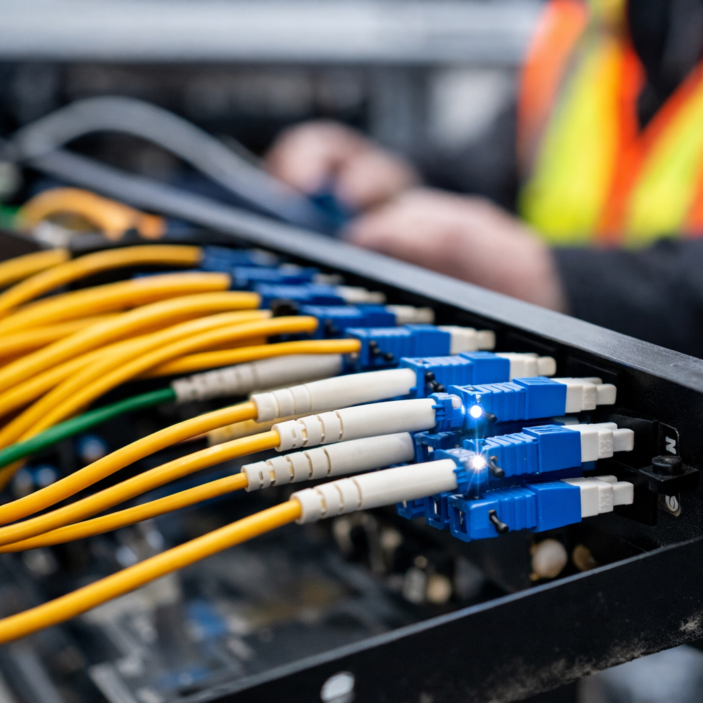 Close-up of fiber optic cables connected to a networking panel with a technician in safety vest in the background.
