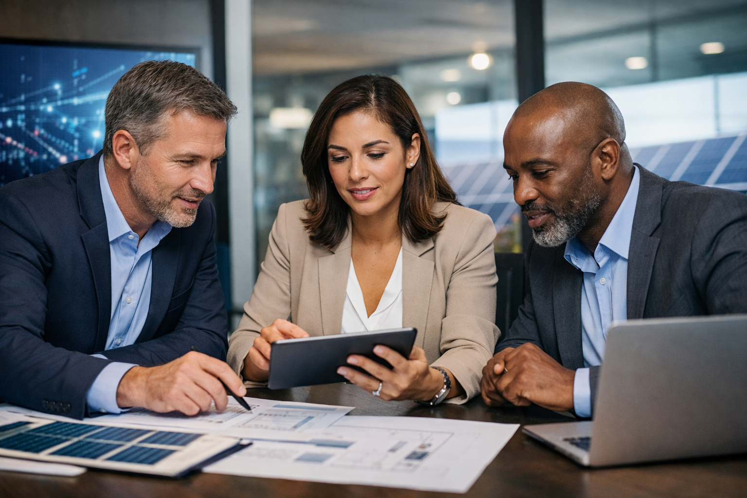 Three professionals, two men and one woman, in business attire, looking at a tablet together in a modern office with solar panels visible through the window.
