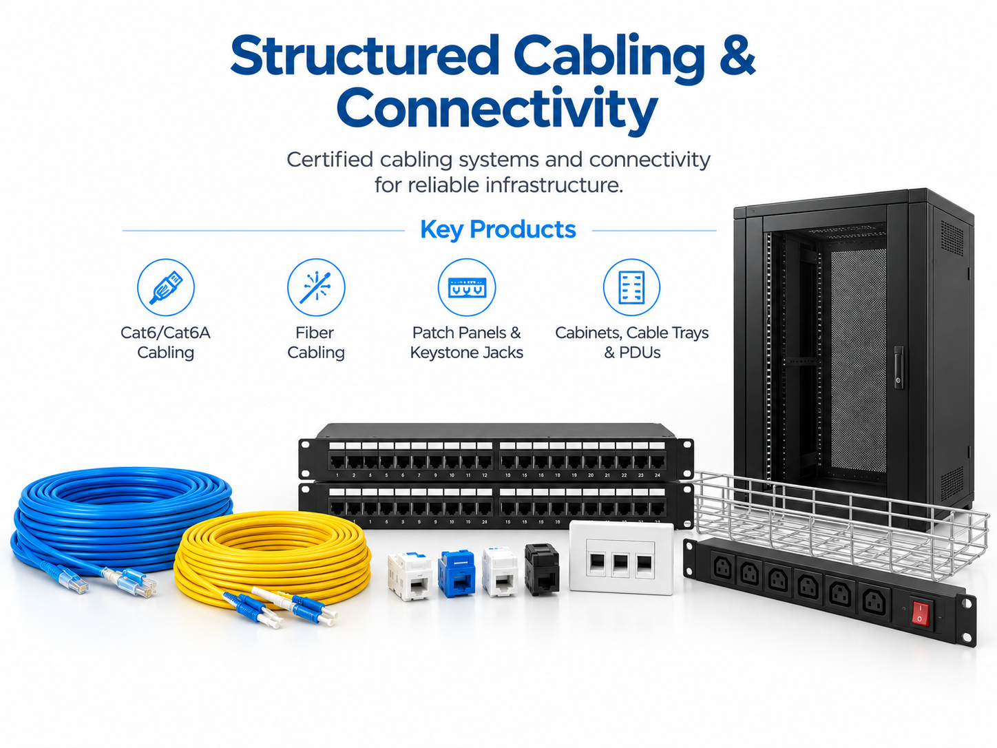 Structured cabling and connectivity solutions including Cat6 and Cat6A cabling, fiber cabling, patch panels, keystone jacks, network cabinets, cable trays, and PDUs for commercial and enterprise infrastructure.