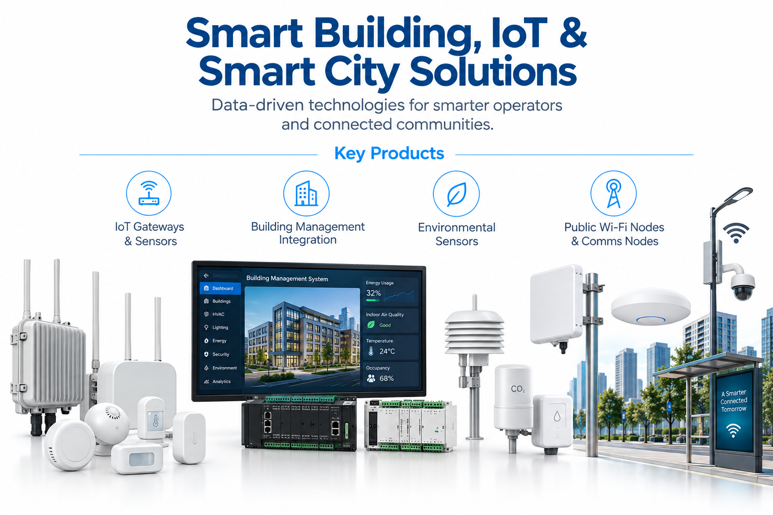Smart building, IoT, and smart city solutions including IoT gateways, environmental sensors, building management integration, public Wi-Fi nodes, and connected communications infrastructure.