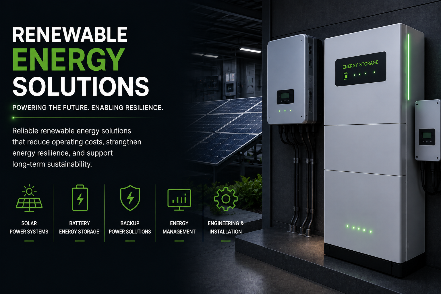Promotion for renewable energy solutions showing solar power systems and energy storage units, with text highlighting the benefits of reliable renewable energy solutions for reducing costs, strengthening resilience, and supporting sustainability.