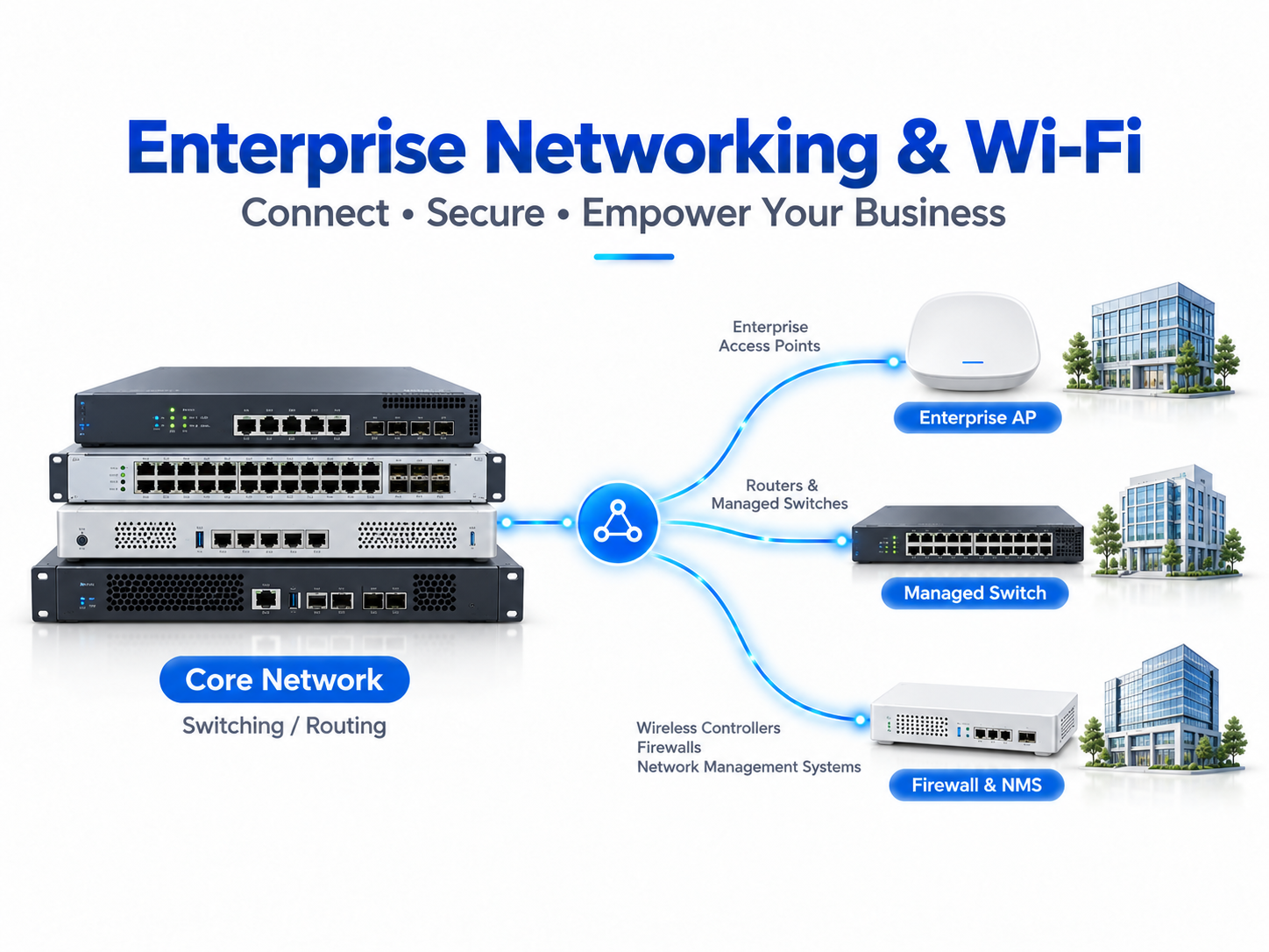 Enterprise Networking & Wi-Fi Enterprise networking and Wi-Fi solutions including routers, managed switches, enterprise access points, wireless controllers, firewalls, and network management systems for secure business connectivity.