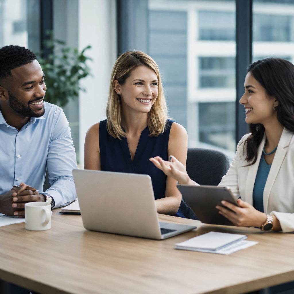 Three professionals, two women and one man, sitting at a conference table in a modern office, engaged in a discussion, smiling, with a laptop, tablet, and notebook on the table.