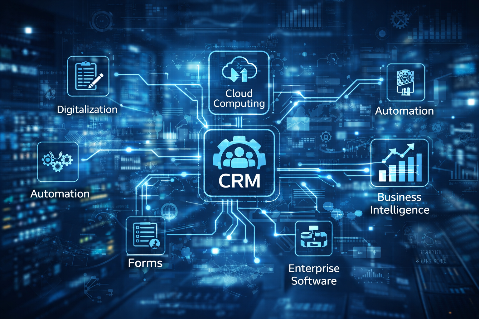 Digital illustration of interconnected business and technology icons with terms such as CRM, cloud computing, digitalization, automation, forms, enterprise software, and business intelligence, set against a futuristic blue background.