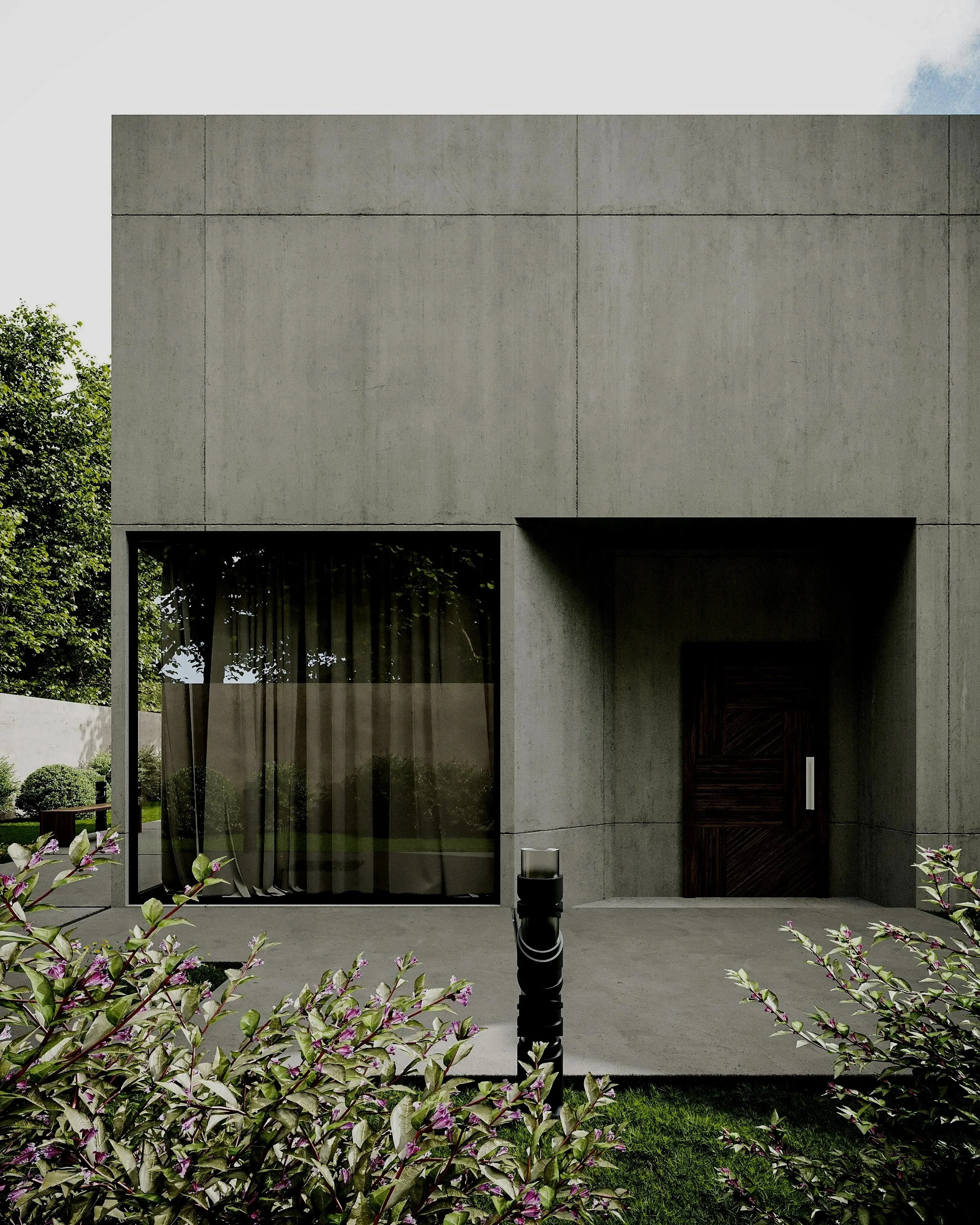Modern house with a large window, a wooden door, concrete walls, and surrounding greenery.