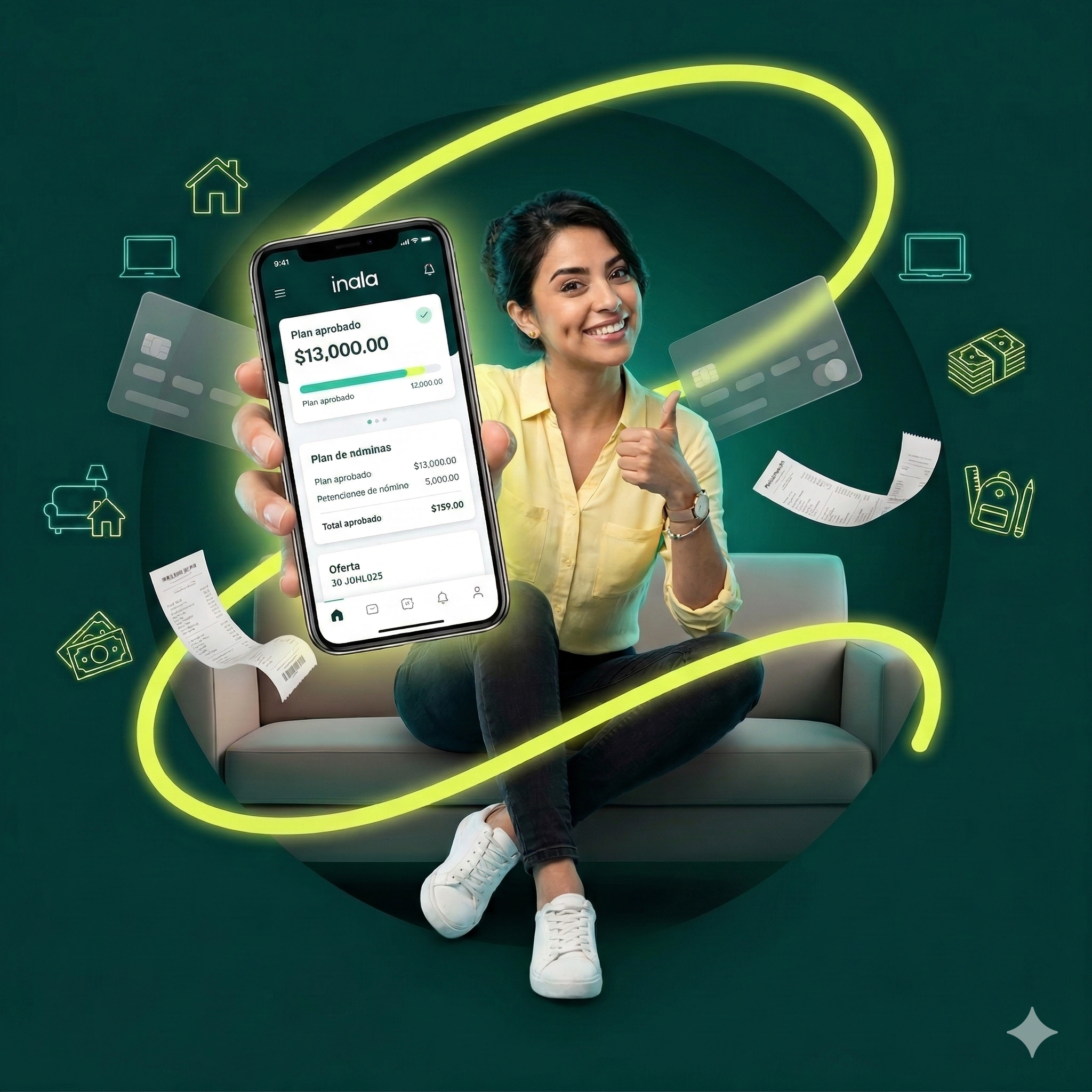 Mujer sonriente sentada en un sillón, sosteniendo un teléfono móvil que muestra una aplicación de finanzas con un plan aprobado de $13,000.00. La imagen tiene elementos flotantes relacionados con finanzas y tecnología, en un fondo verde con líneas de luz neón que lo rodean.