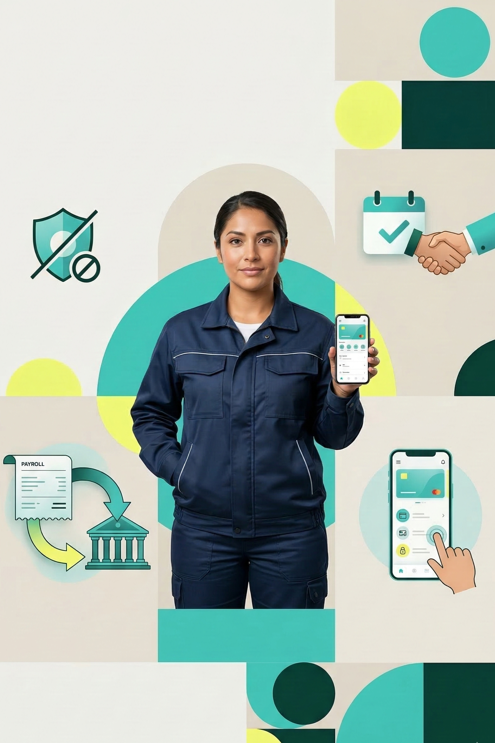 Mujer con uniforme sosteniendo un teléfono inteligente con una interfaz de aplicación móvil, en un fondo con íconos relacionados con finanzas y tecnología, como un handshake, un calendario, una tarjeta de crédito y un ícono de protección.
