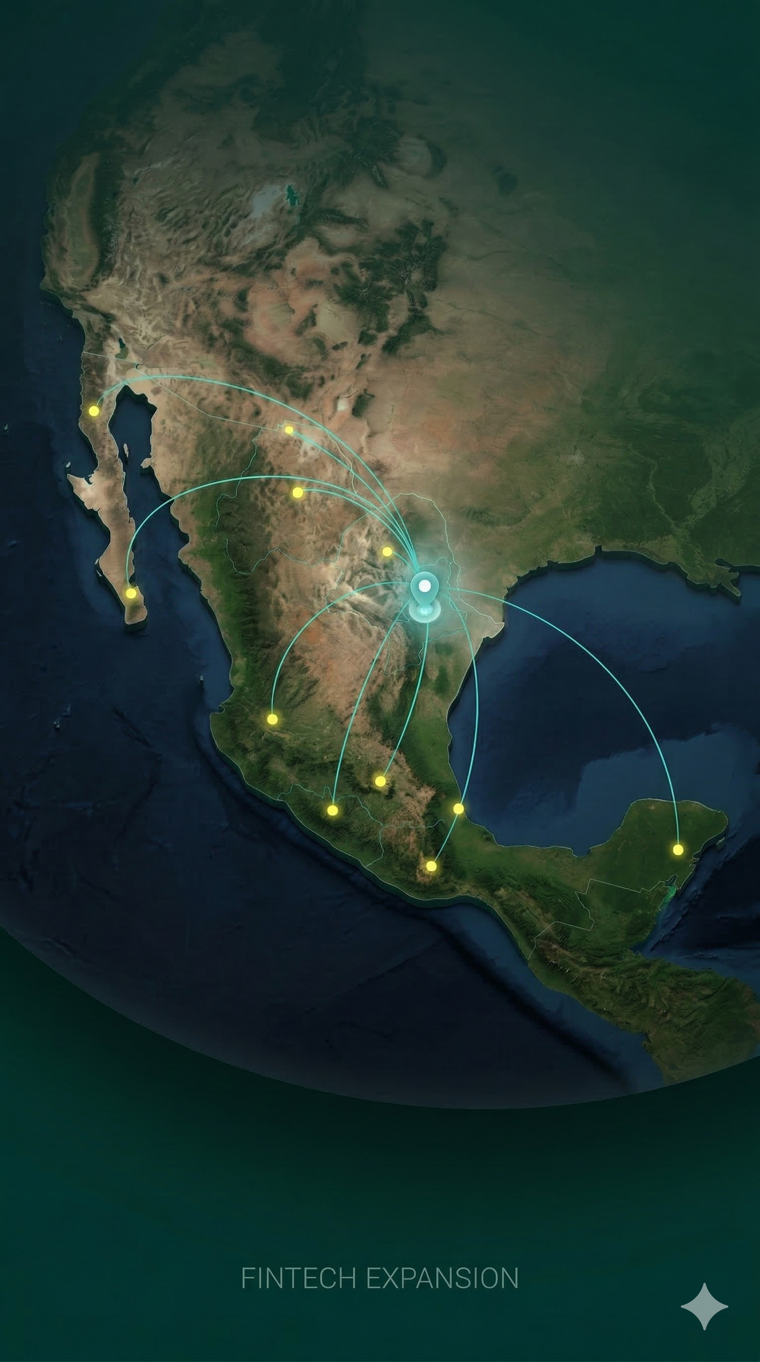 Mapa de México mostrando conexiones de expansión fintech desde un punto central.