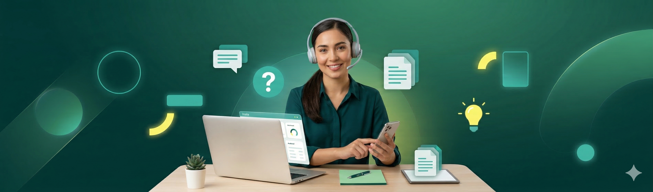 Mujer con auriculares en una computadora portátil, con iconos digitales flotantes y un teléfono móvil en un ambiente de oficina virtual.