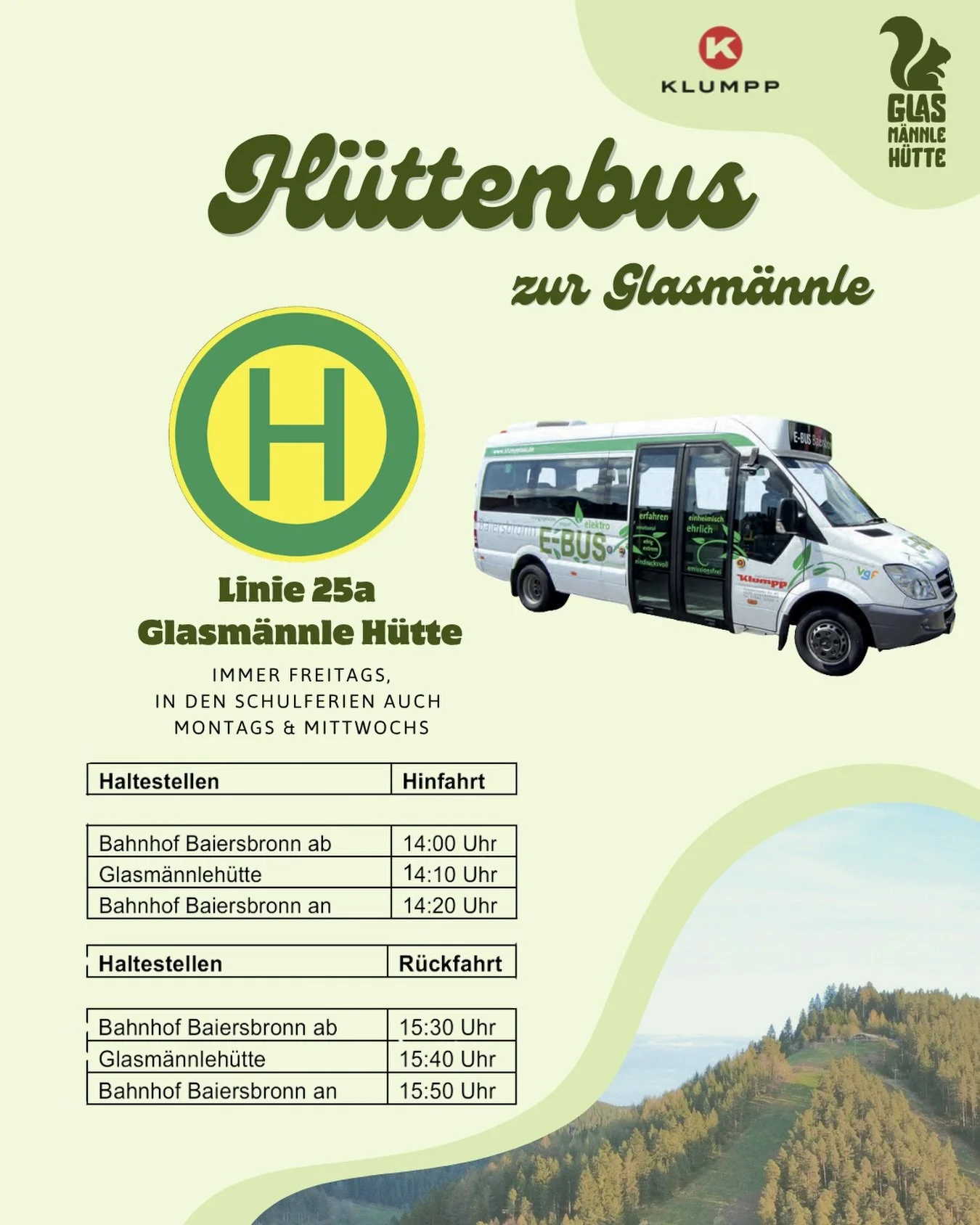 Der e-mobile Gemeindebus bringt euch direkt zu uns hoch! 🚐🔋

Da man die Glasm&auml;nnle H&uuml;tte sonst nur zu Fu&szlig; oder mit dem Fahrrad erreicht, ist das die perfekte Alternative f&uuml;r alle, die eine Wanderpause brauchen oder nicht ganz s
