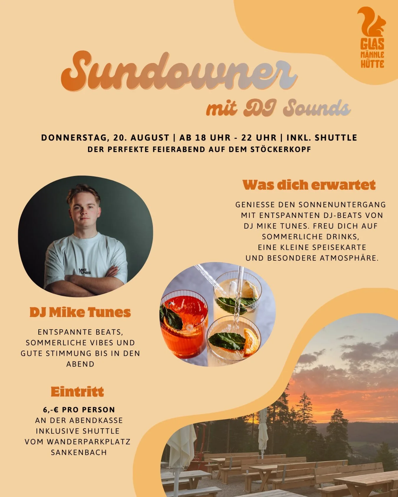 Der Sommer ist noch nicht vorbei und wir laden euch zum n&auml;chsten Sundowner an der Glasm&auml;nnle H&uuml;tte ein! 🌅🍹🎧

Am Donnerstag, 20. August, sorgt DJ Mike Tunes mit entspannten Beats f&uuml;r den perfekten Feierabend. Genie&szlig;t den S