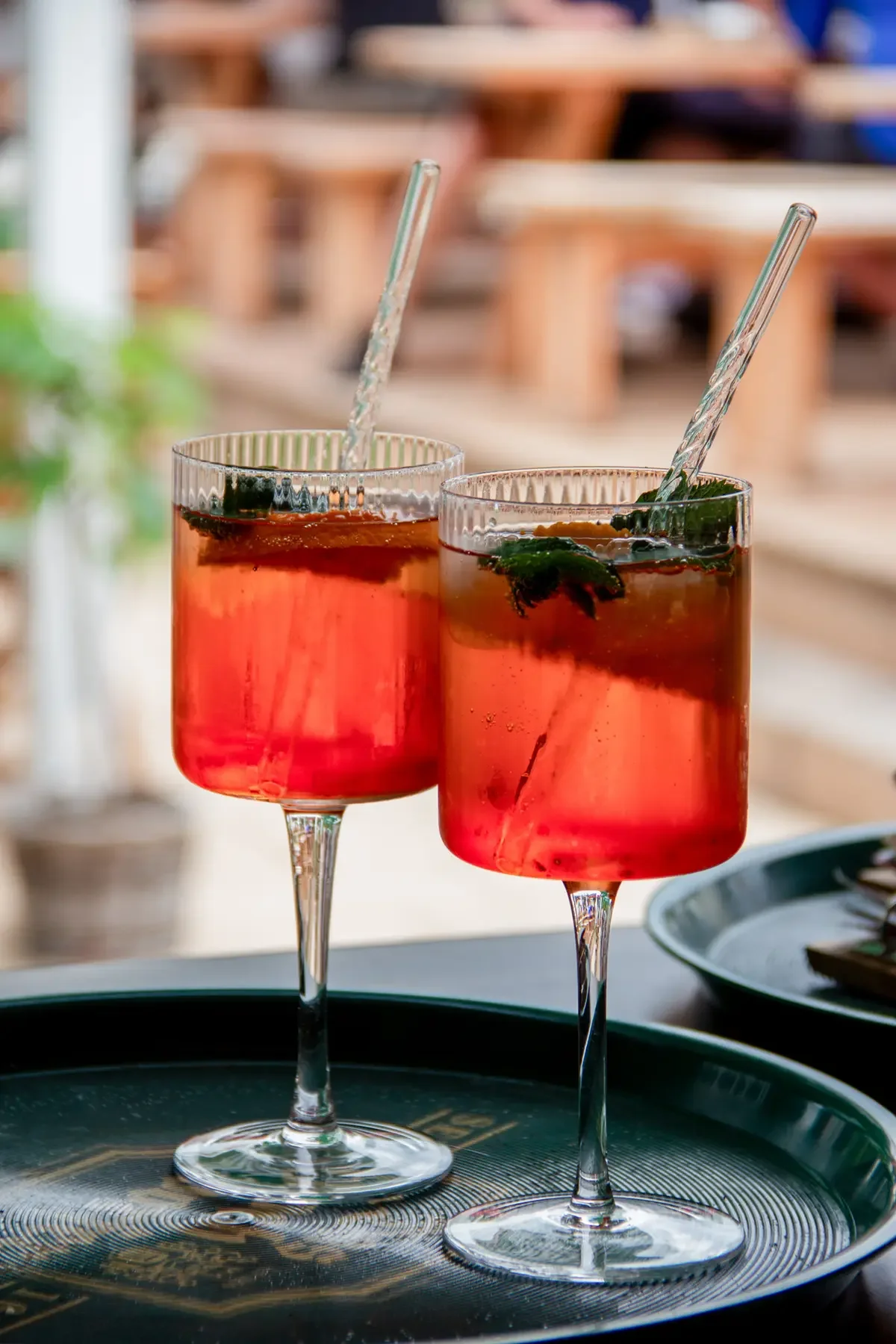 Zwei Gläser mit rotem Getränk, Zitronenscheiben und Minzblättern, mit Strohhalmen, auf einem dunklen Tablett