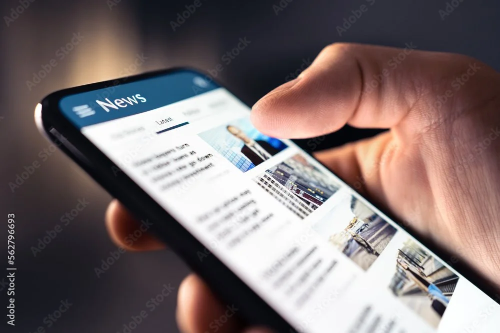 A person holding a smartphone displaying a news app with headlines and images.