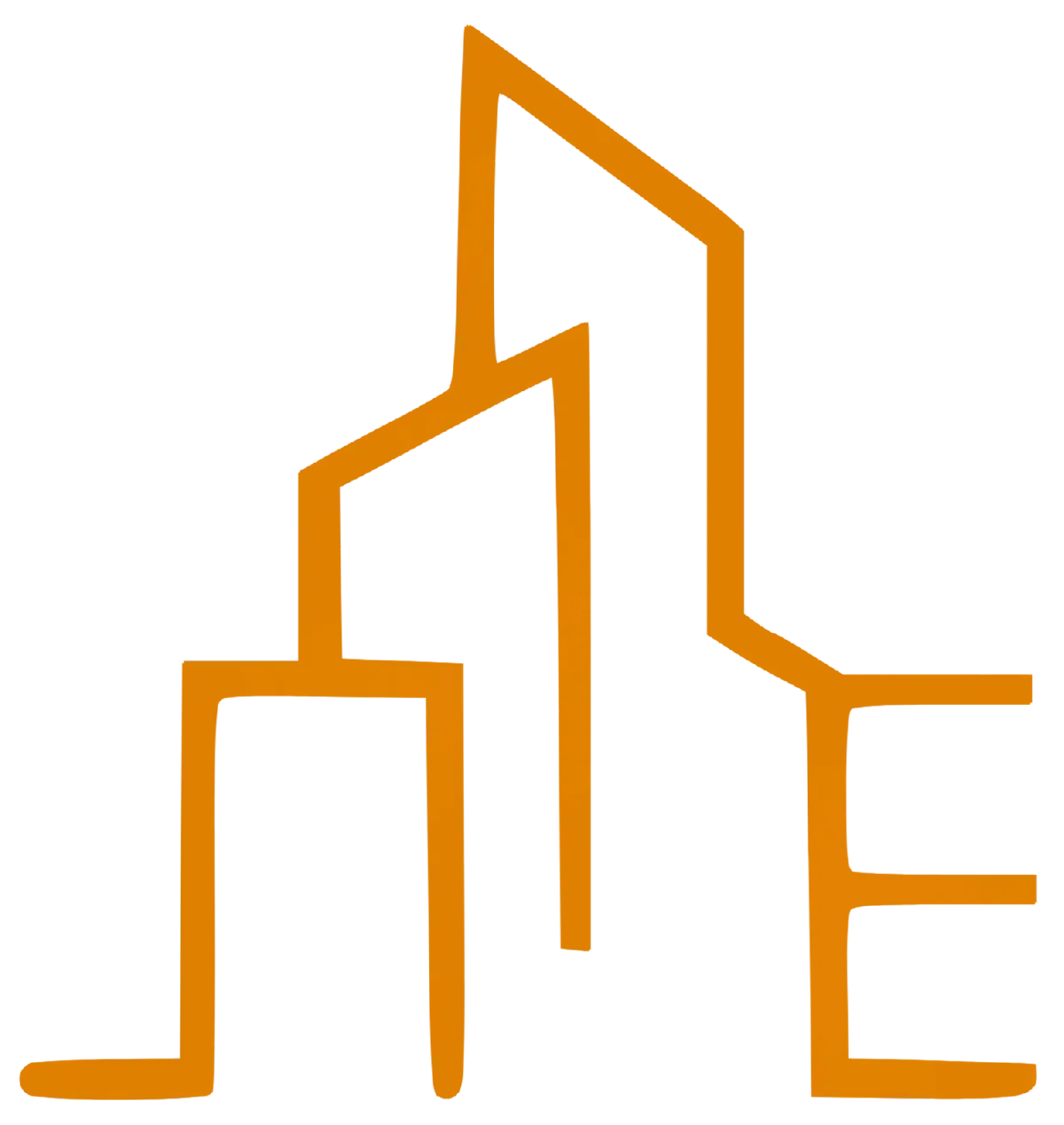 The logomark of Ebeling Communications featuring a line art drawing of a city skyline buildings with orange outlines.