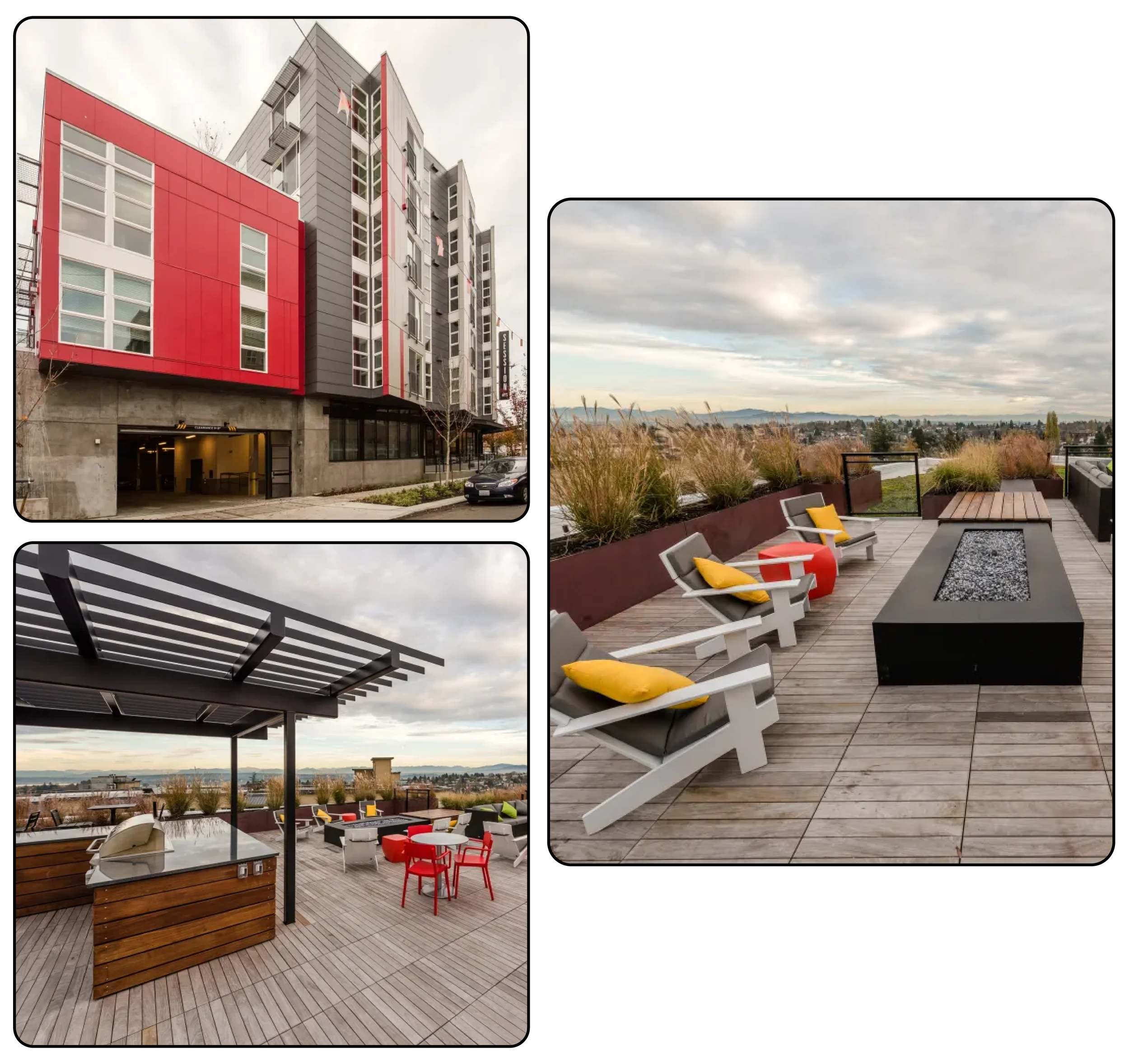 A modern rooftop terrace with outdoor seating, including white lounge chairs with yellow cushions, a table, and a pergola structure, overlooking a cityscape with mountains in the background.