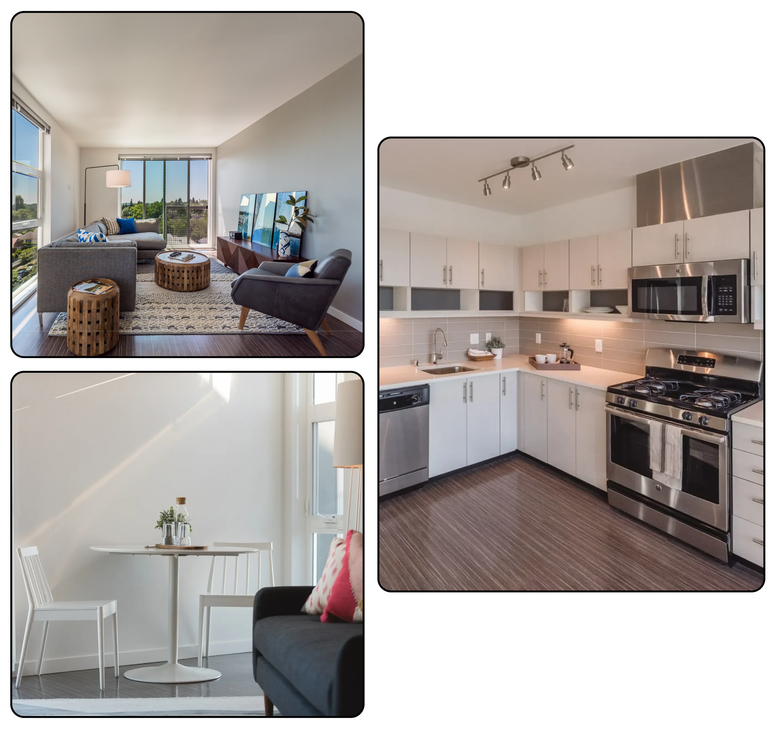 Two interior spaces: a living room with a gray sofa, a white table, and large windows with a view of greenery, and a kitchen with white cabinets, stainless steel appliances, and pendant lighting.