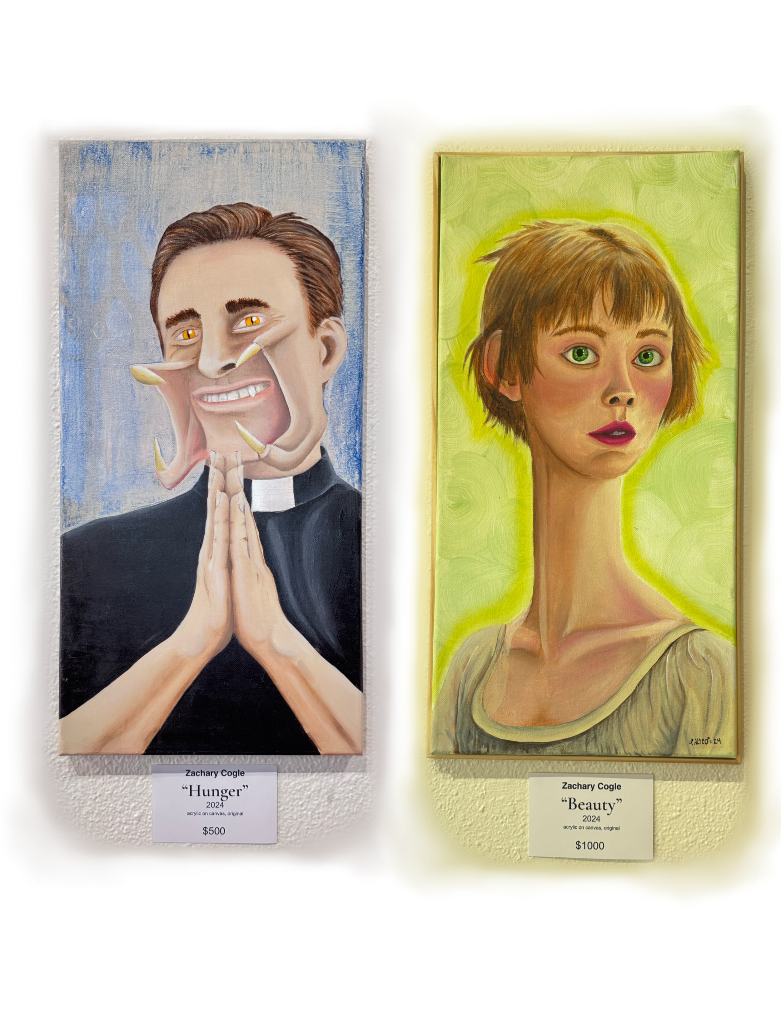 Two paintings by Zachary Cogle. The left painting is titled 'Hunger' and depicts a man with a distorted face, clasped hands, and long yellow claws. The right painting is titled 'Beauty' and shows a woman with green eyes, short brown hair, and a surprised expression. Both paintings are at an art exhibition and are priced at $500 and $1000 respectively.