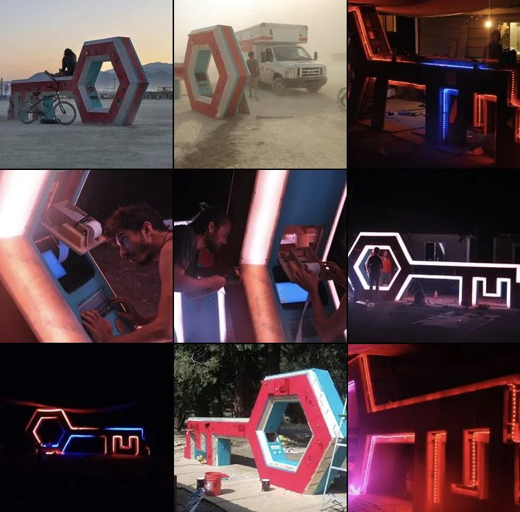 A collage of nine photos depicting the construction and evening lighting installation of colorful, illuminated geometric art structures, primarily hexagonal shapes, in an outdoor setting.