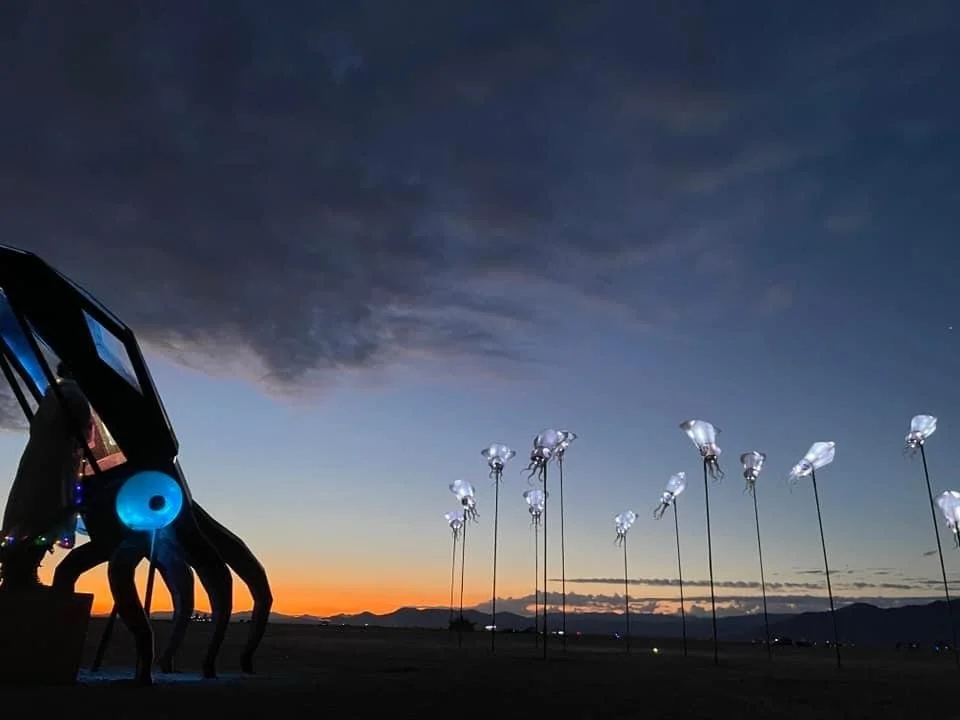 Art installation with glowing sculptures on tall poles against dusk sky.