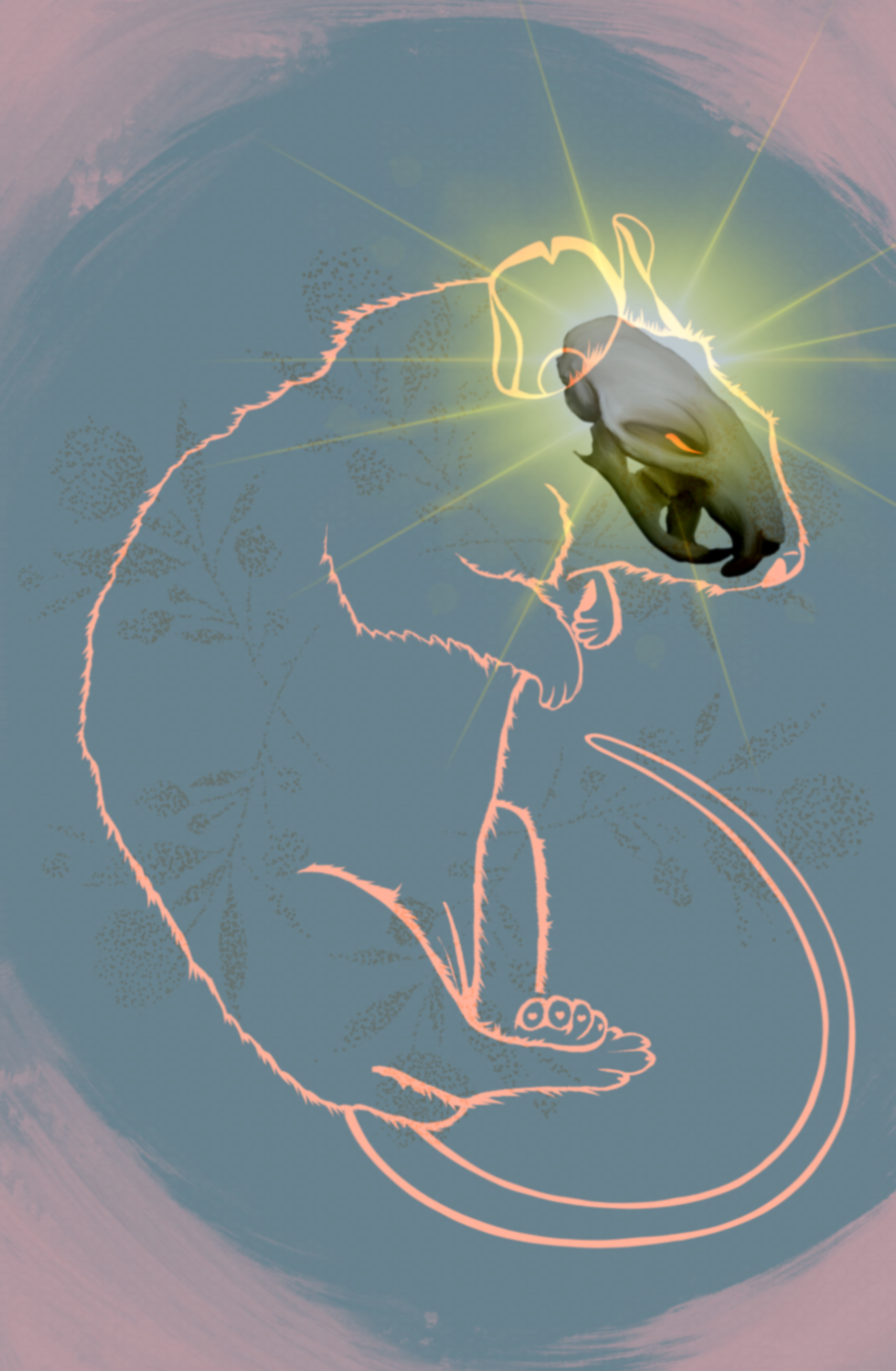 A digital drawing of a mouse with a lion's face and mane, with glowing lines radiating from the lion's face, set against a textured blue background.