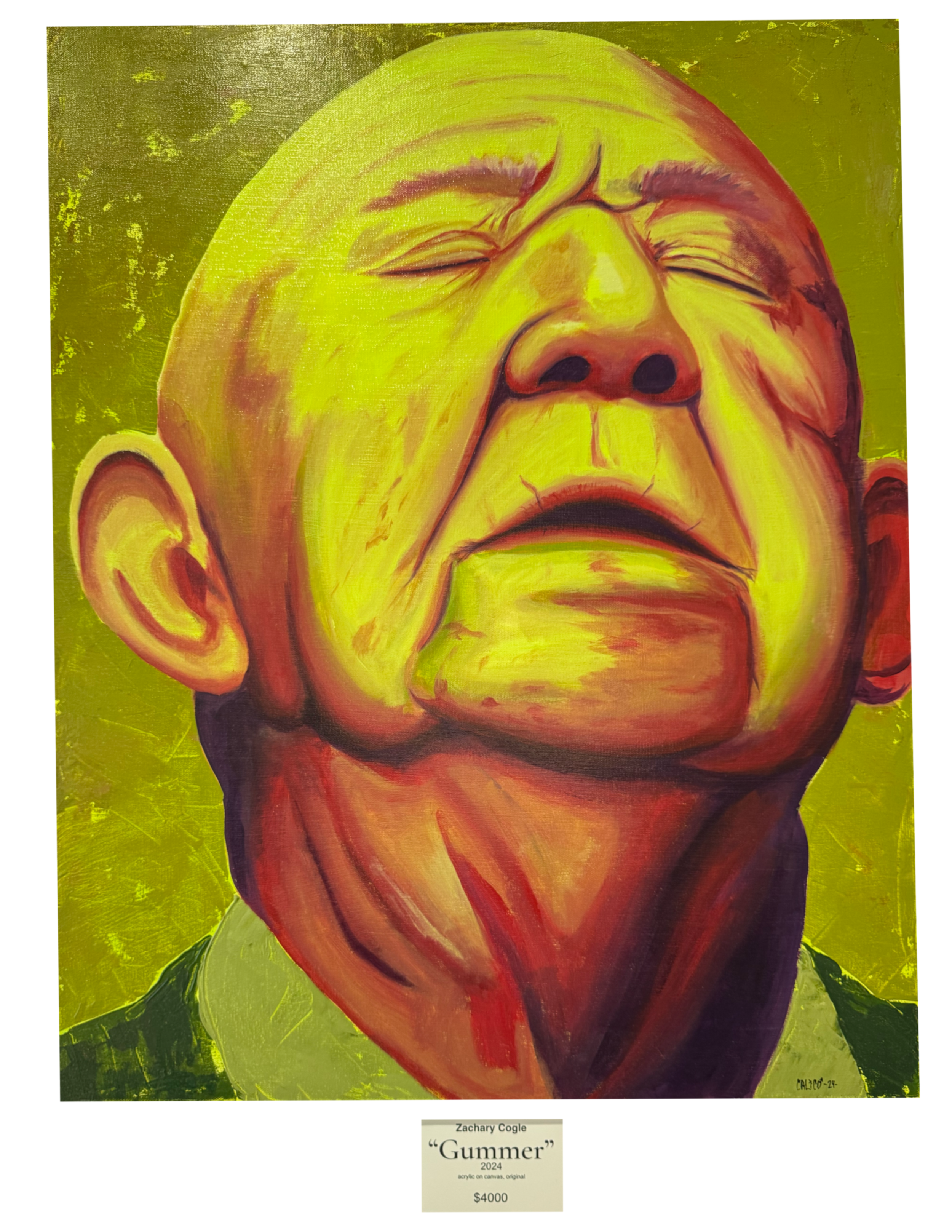 Painting of a person's face with a yellowish tone, eyes squinting, mouth slightly open, with expressive brushstrokes on a green background. The artwork is titled "Gummer" by Zachary Cogle, created in 2024, and is priced at $4000.