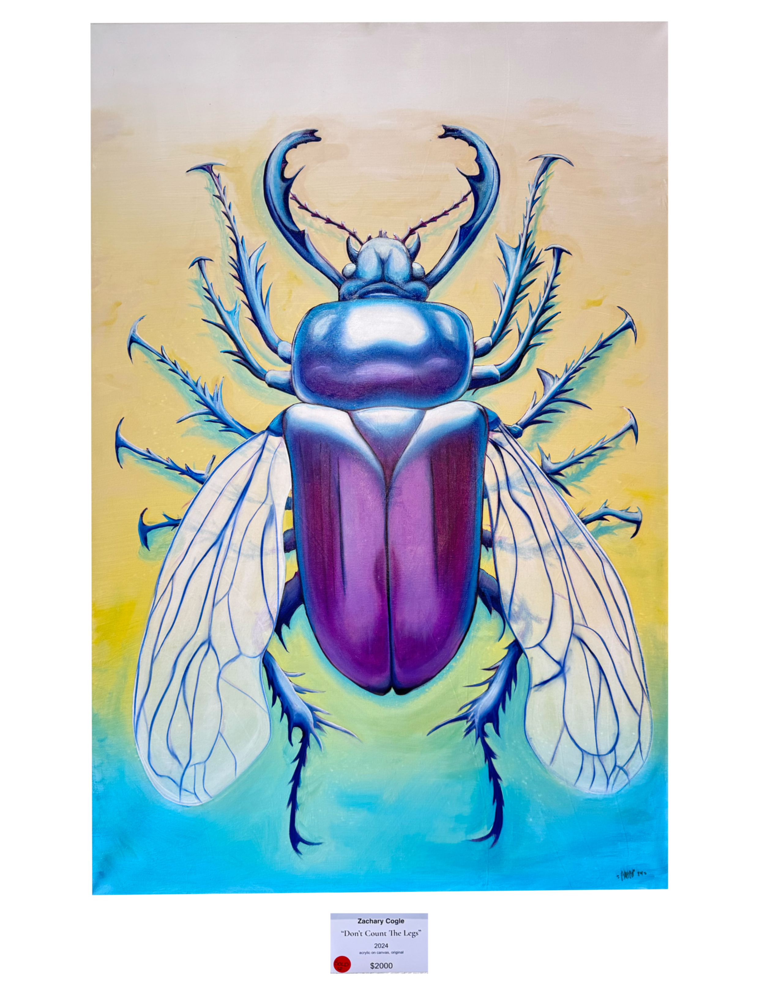 A vibrant painting of a beetle with large, curved blue mandibles, detailed blue and purple body, and transparent wings, set against a gradient background from beige to blue.