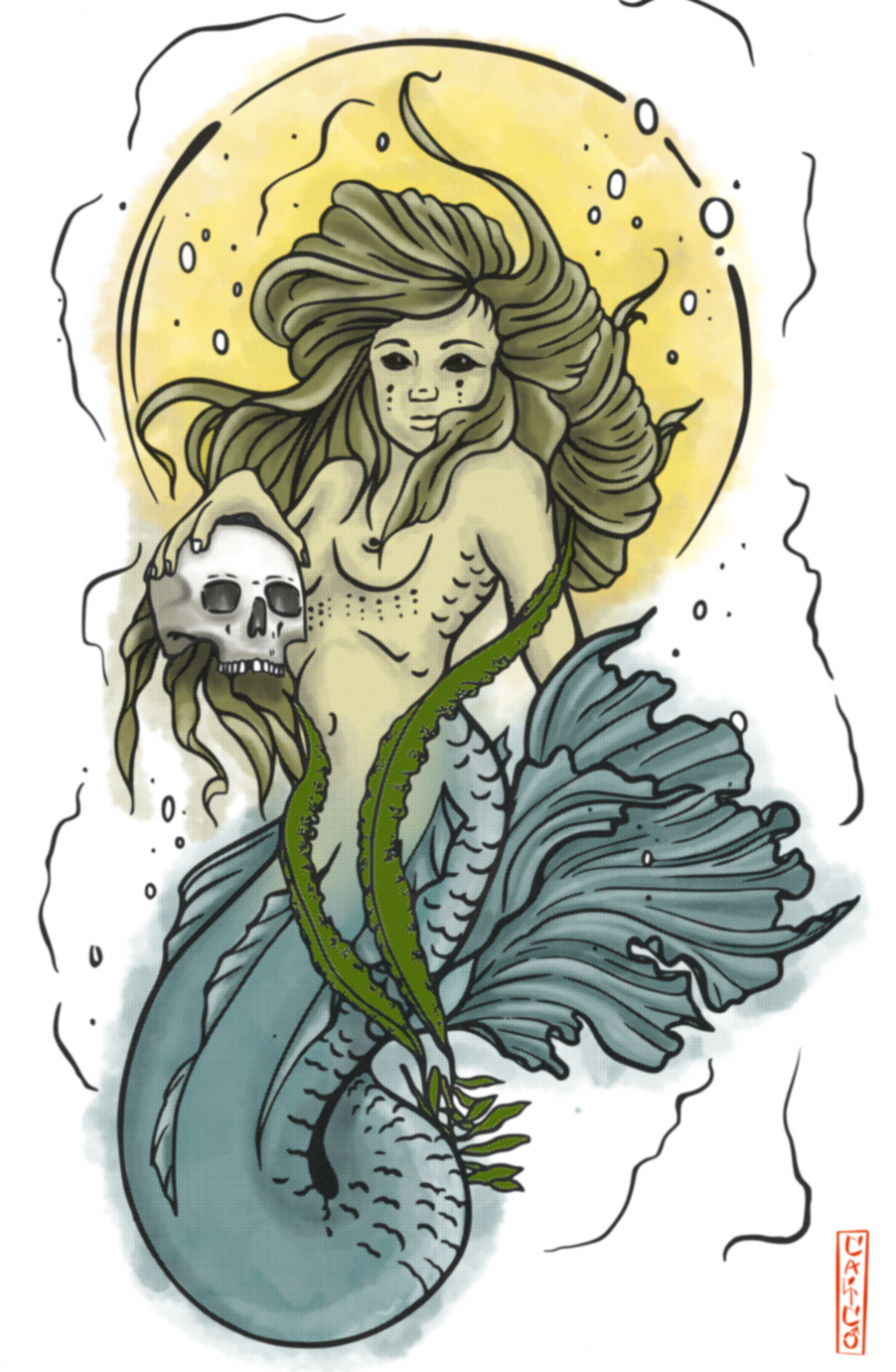 An illustration of a siren with a human upper body and fish tail, holding a skull, with long flowing hair and a yellow moon in the background.