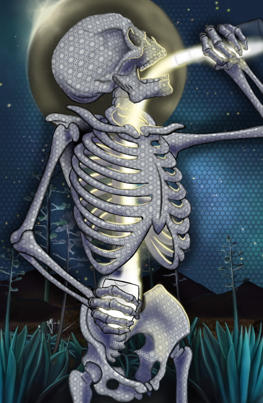 Illustration of a skeleton holding a glass, with a glowing light coming from its mouth and eyes. The skeleton is illuminated and has a patterned surface, set against a night sky with stars and a moon shining brightly in the background.