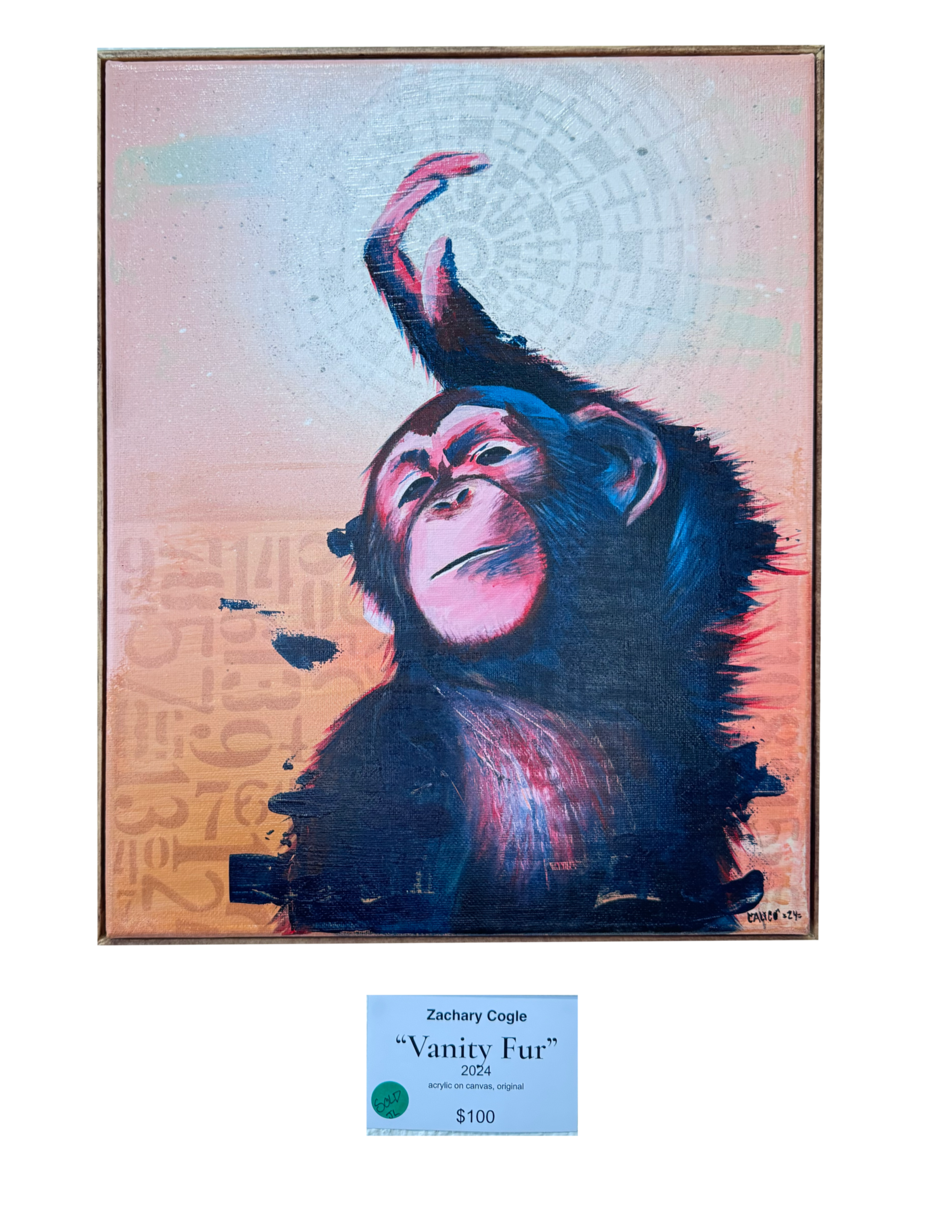 A painting of a chimpanzee with one arm raised above its head, painted in pink, blue, and black tones on a light pink background with abstract numbers and patterns.