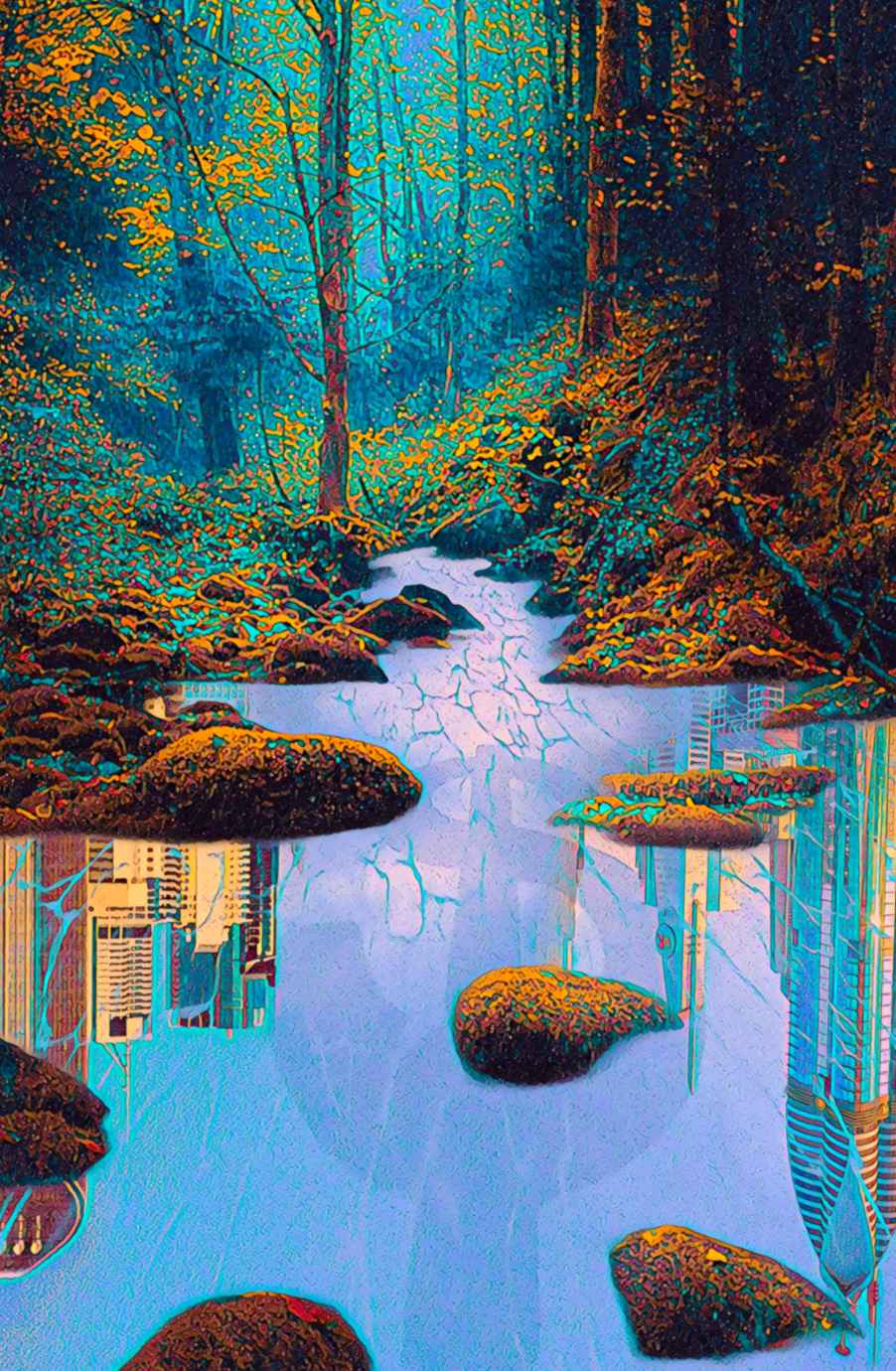 A digital art depiction of a city street with a river running through it, surrounded by trees and bright colored buildings, creating a surreal scene.