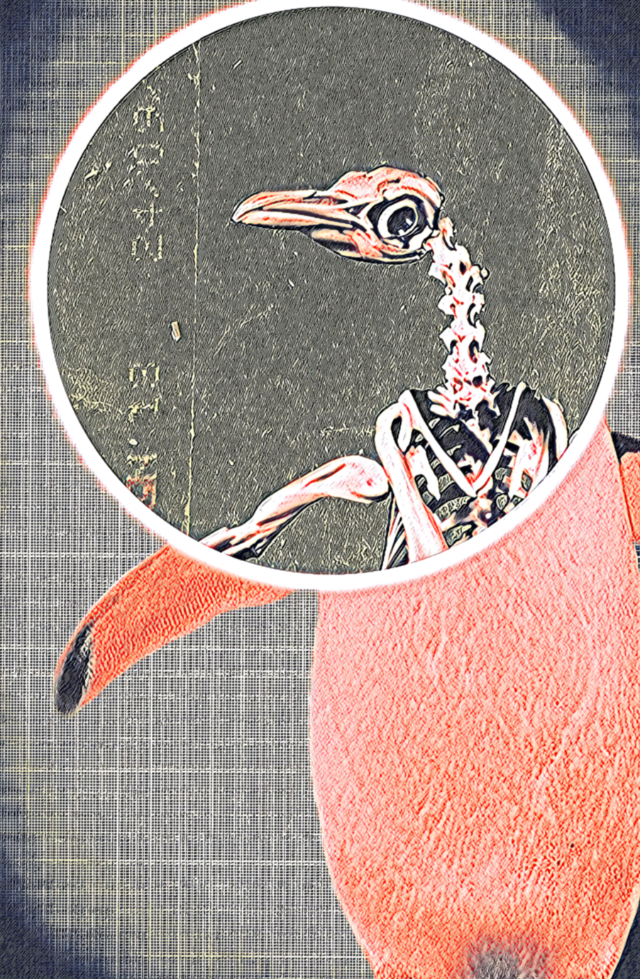 A cartoon-style illustration of a bird's skeleton with a bird's head, emerging from a red cup on a gray textured surface.