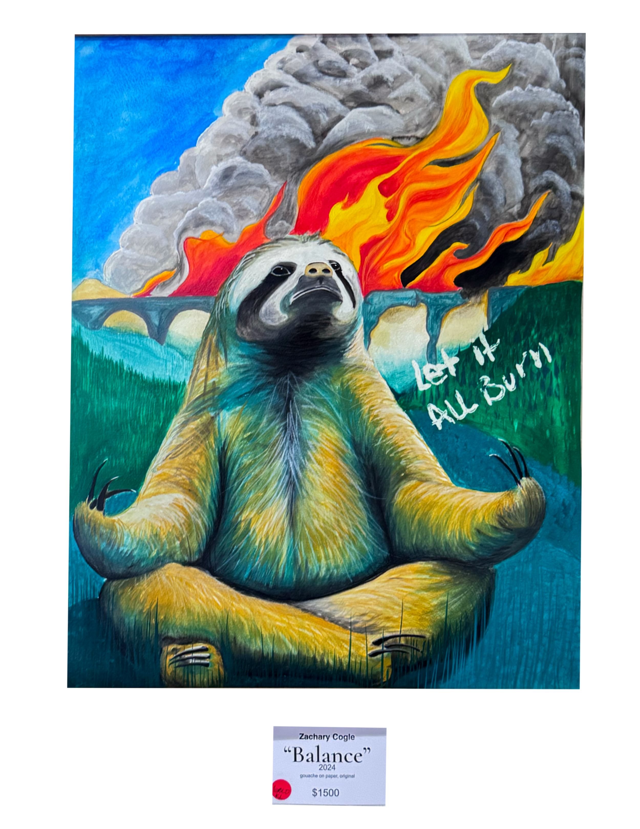 A colorful painting of a sloth with melting rainbow flames or hair on a background of gray and black smoke, a bridge, and a blue sky. The painting is titled "Balance" by Zachary Cogle, created in 2024, and is priced at $1500.