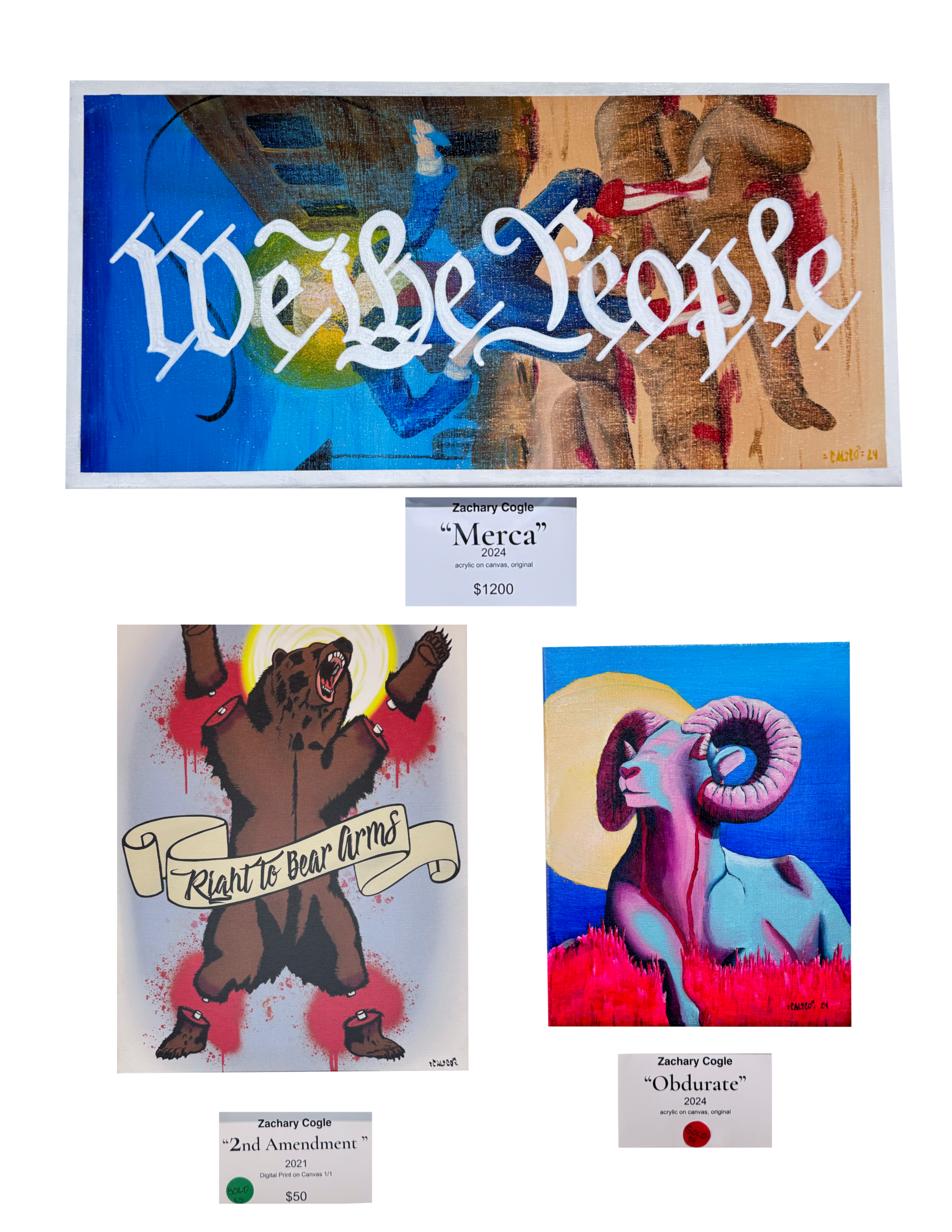 Three colorful paintings by Zachary Cogle, titled 'Merca,' '2nd Amendment,' and 'Obdurate,' feature social and political themes with expressive, stylized imagery. The paintings are displayed with price tags and artist information.