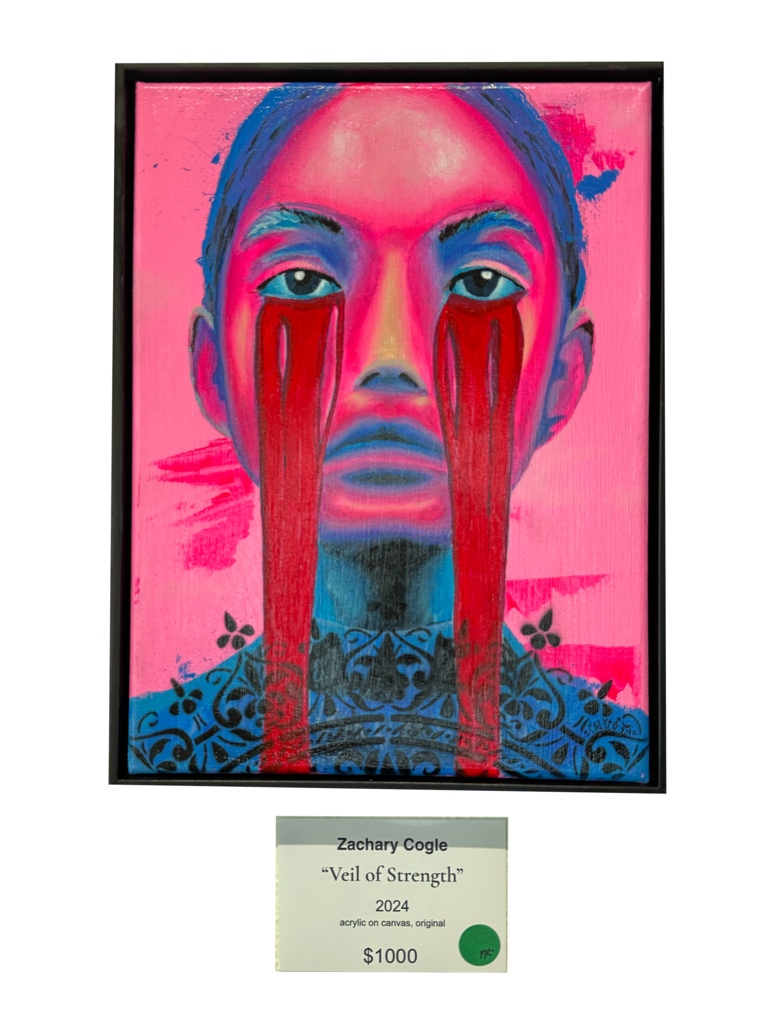 A colorful painting titled 'Veil of Strength' by Zachary Gogle, created in 2024 with acrylic on canvas, depicts a woman's face with her eyes appearing to shed tears of red paint. The background is pink, and the woman has blue and pink highlights in her hair and face.