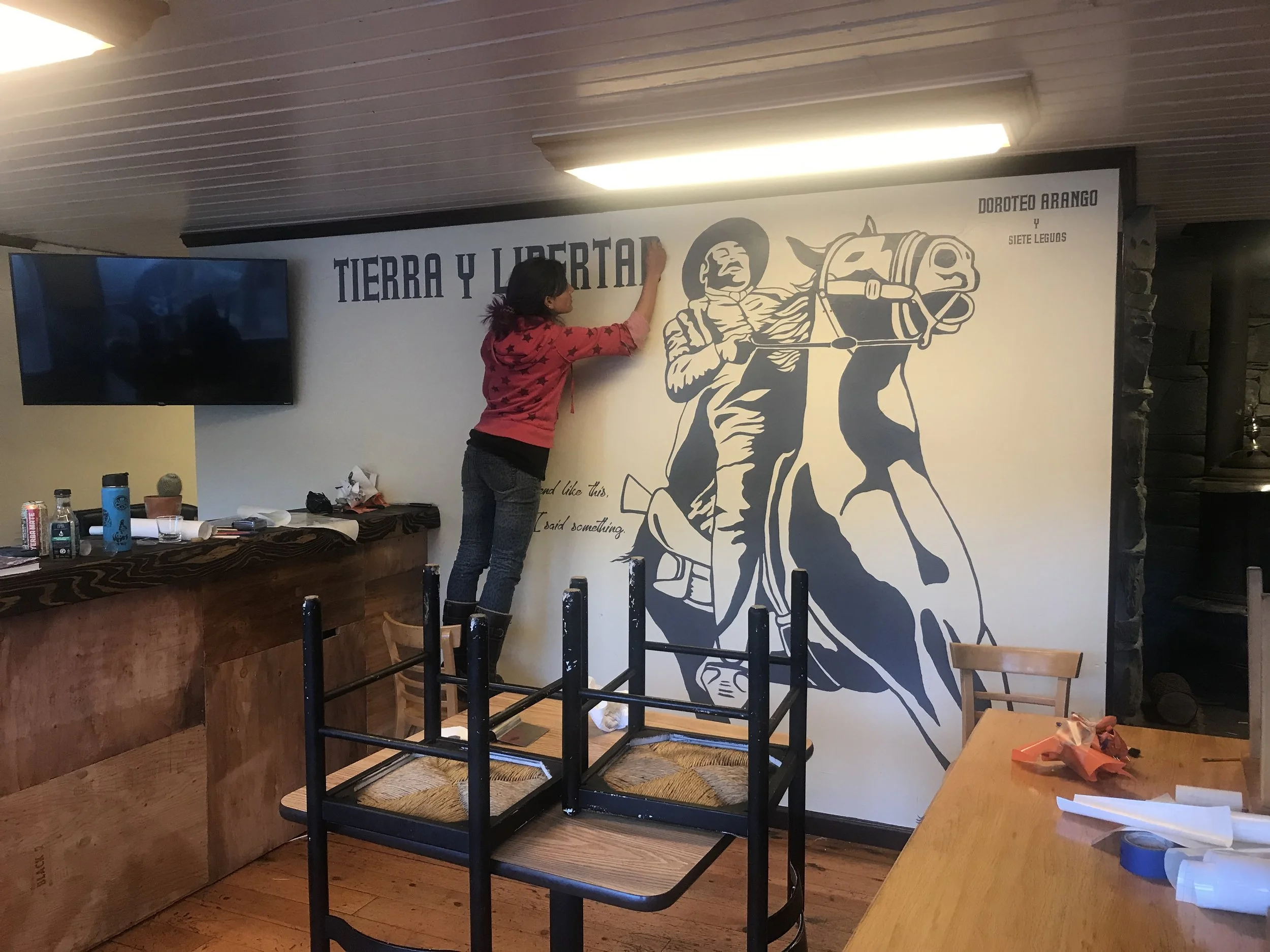 A woman with dark hair wearing a pink hoodie with stars is painting a mural on a wall. The mural features a large, stylized image of a person riding a horse, with the words 'TIERRA Y LIBERTAD' above. The scene is indoors, with a flat-screen TV on the left, a wooden counter below, and several chairs around.