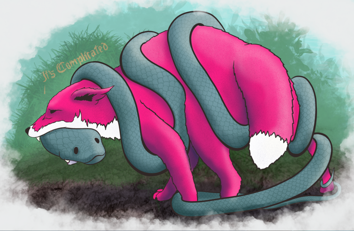 A creature with the body of a snake and the head of a fox, colored pink and blue, wrapped around each other on a patch of ground with background greenery, with words 'It's Complicated' written in the background.