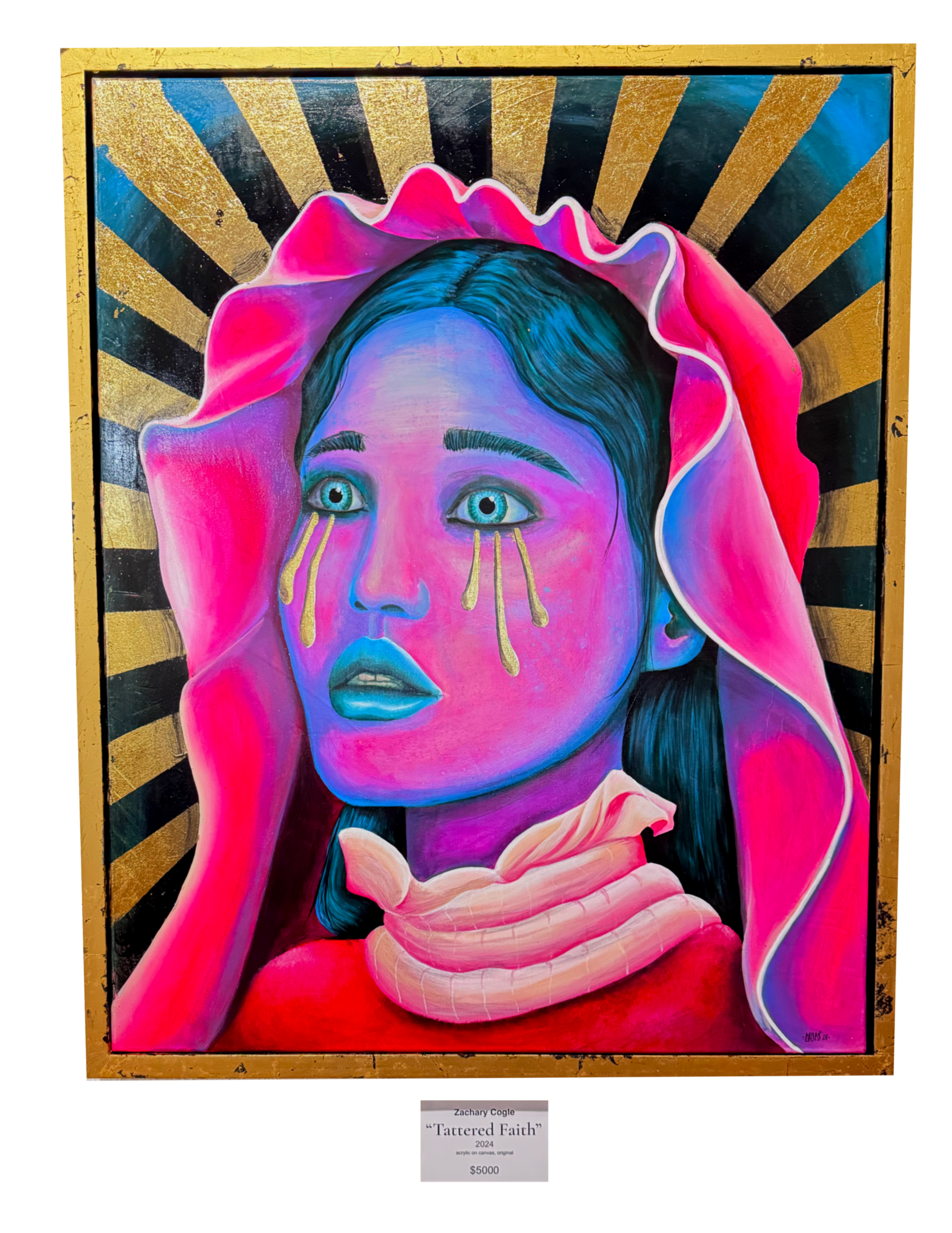 Painting titled 'Tattered Faith' by Zachary Cogle, created in 2024, depicting a woman with tears streaking down her face, surrounded by a gold and black rays background. The artwork is priced at $5000.