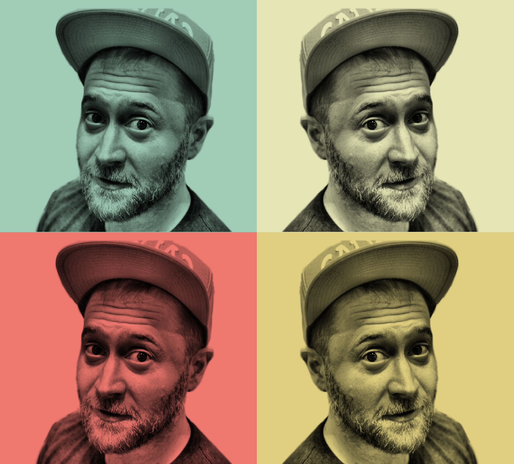 Four black-and-white close-up portraits of a middle-aged man wearing a baseball cap, each with a different colored background and filtering style. The man has a beard, mustache, and expressive eyes.
