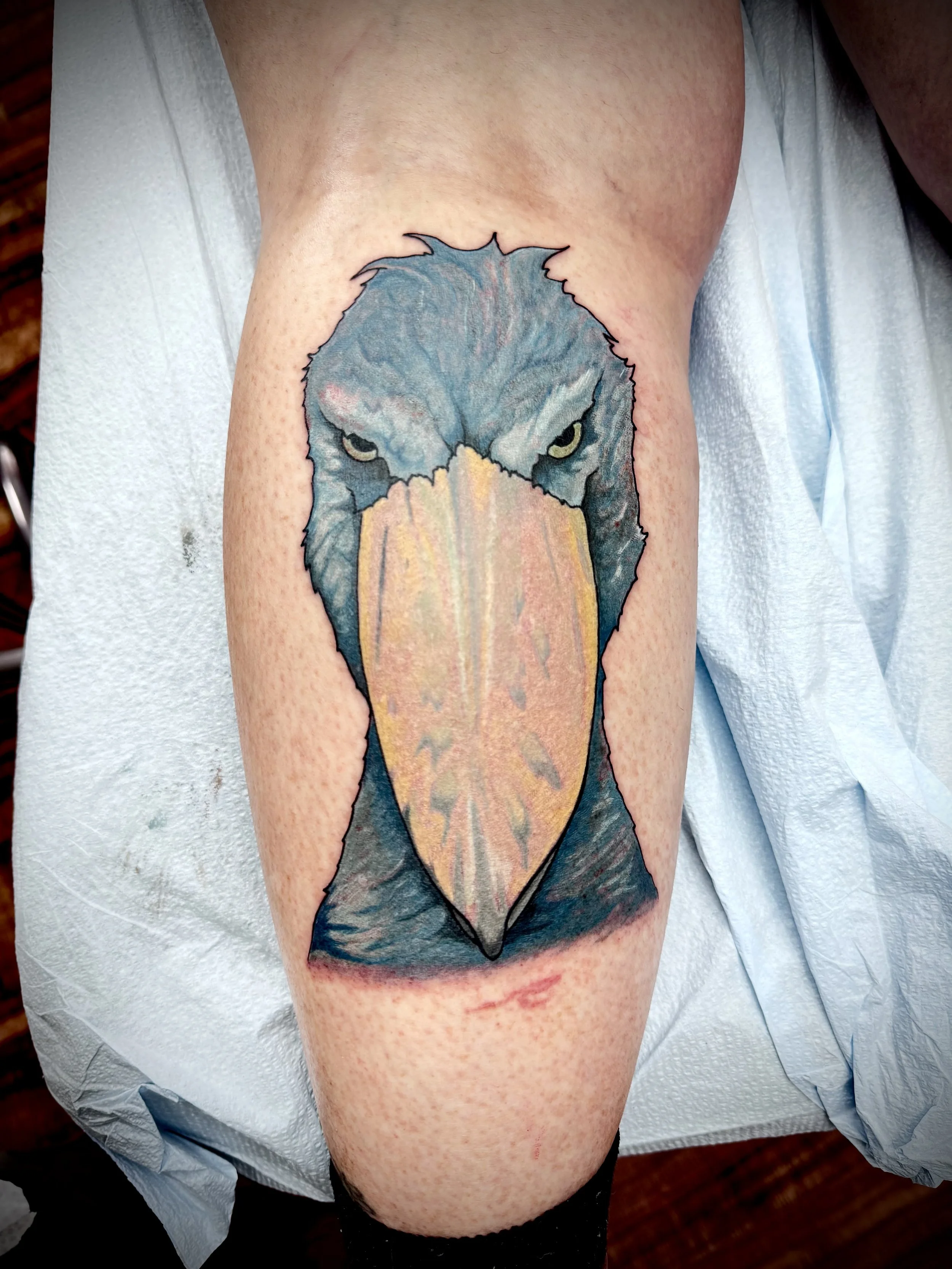 Tattoo of a realistic gray wolf head with piercing eyes on a person's thigh.