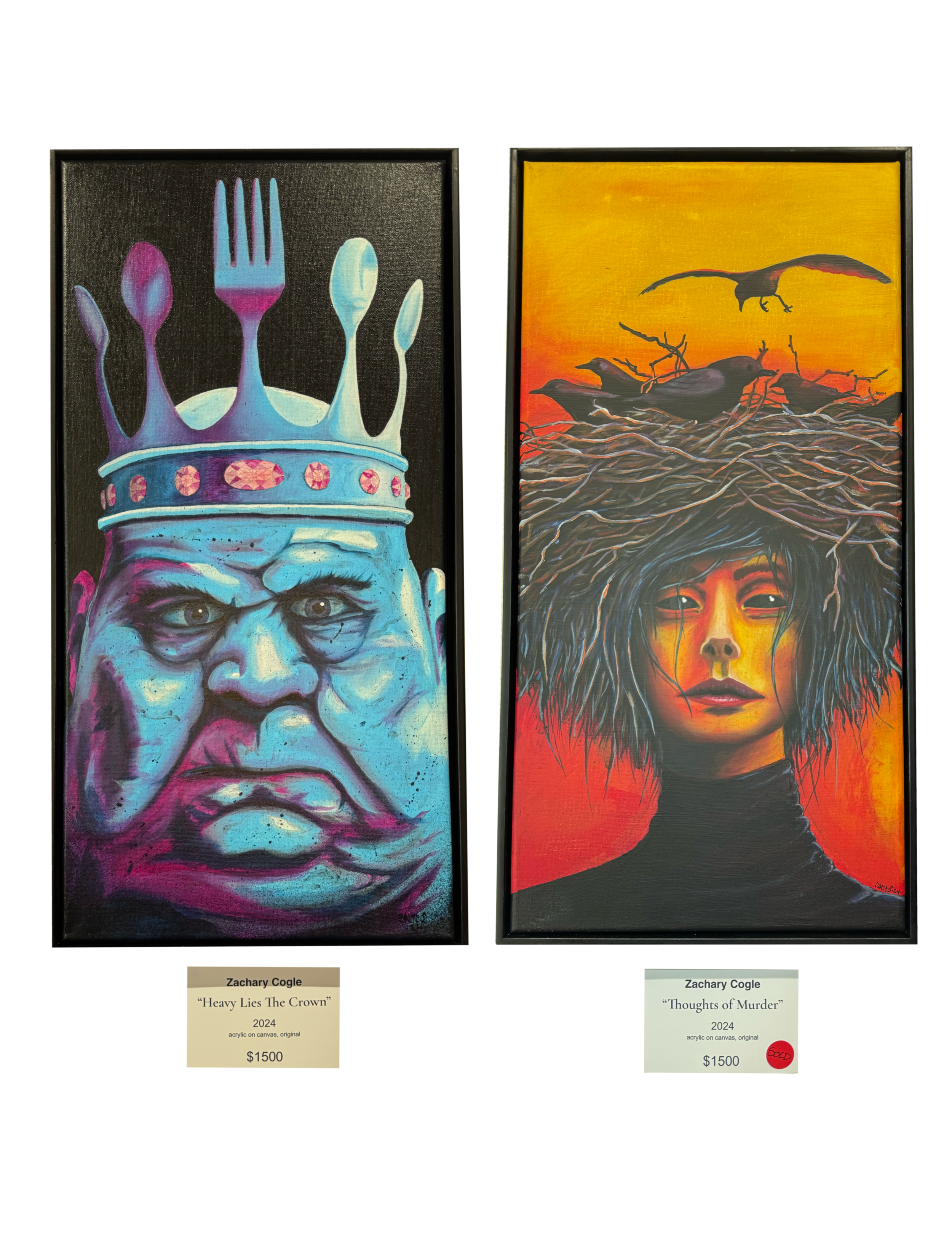 Two colorful paintings by Zachary Cogle. The left artwork, titled "Heavy Lies The Crown," features a detailed portrait of a person with a crown on their head. The crown is adorned with three cutlery items—a fork and two spoons—that resemble a crown, against a dark background. The right artwork, titled "Thoughts of Murder," depicts a face with intense eyes and dark, tangled hair, set against a vibrant yellow and orange sunset background. A pair of flying birds and a nest with eggs are also visible in the sky.